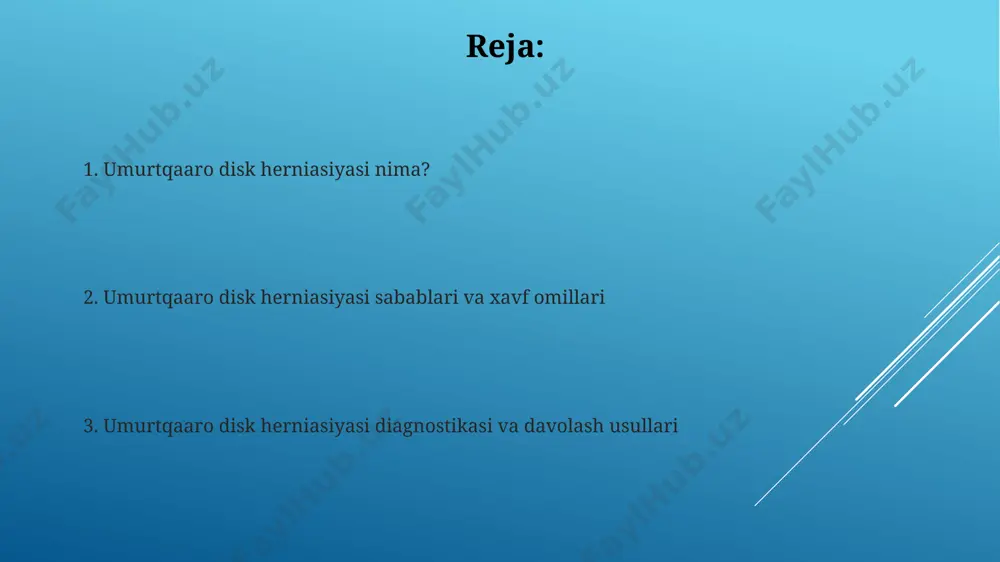 dori-darmonlar va fizioterapiya yordamida 6 oy ichida sezilarli yaxshilanish kuzatiladi. oldini olish jarrohlik aralashuvlar, umurtqa churrasini olib tashlash operatsiyasi, odatda faqat konservativ davolash samarasiz boʻlganda, ya'ni 6 haftadan keyin ham ogʻriq saqlanib qolsa qoʻllaniladi. oʻmurtqa churrasi bilan ogʻrigan bemorlarda 30-40% hollarda konservativ davolash usullari, ya'ni dori-darmonlar va fizioterapiya yordamida ogʻriqni kamaytirish va funksiyani tiklash mumkin. konservativ davolash og'riq qoldiruvchi vositalar, masalan, nsaidlar va mushak gevşetgiciler, birinchi 4-6 hafta ichida og'riqni boshqarish va harakatlanishni yaxshilash uchun qo'llaniladi. fizioterapiya, shu jumladan, ultraviollet nurlanish va elektroforez kabi usullar, yallig'lanishni kamaytirish va og'riqni engillashtirishda muhim rol o'ynaydi, taxminan 80% bemorlarda ijobiy ta'sir ko'rsatadi. xavf omillari chekish, noto'g'ri turmush tarzi va etarli darajada jismoniy mashqlar bilan shug'ullanmaslik, umurtqa pog'onasining degenerativ o'zgarishlariga olib keladi va herniya xavfini 1,5-2 baravar oshiradi. og'ir jismoniy mehnat bilan shug'ullanuvchi kishilarda, ayniqsa, 20 kg dan ortiq og'irliklarni ko'tarish bilan bog'liq ishlarda, o'murtqa diski herniyasi xavfi 2-3 baravar yuqori. kasallikning kechishi davolashsiz, …