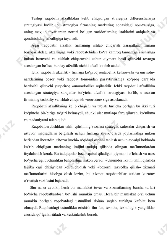 stunlikni doimo saqlab turishga kafolat bera olmaydi. raqobatdagi ustunlikka erishish ilm-fan, texnika, texnologik yangiliklar asosida qo‘lga kiritiladi va keskinlashib boradi. «2011–2015 yillardagi eng muhim vazifa – makroiqtisodiy barqarorlik va izchil yuqori iqtisodiy o‘sish sur’atlarini ta’minlash, uning sifat ko‘rsatkichlarini, iqtisodiyot tarmoqlarini yanada diversifikatsiya qilish, ishlab chiqarishni modernizatsiya etish, texnik va texnologik yangilash, mamlakatimizda ishlab chiqarilgan mahsulot hamda xizmatlarning ichki va tashqi bozorlardagi raqobatdoshligini oshirish hisobidan yaxshilashdan iborat». alohida firmalar qo‘lga kiritilgan ustunlikni yangi texnologiyalardan foydalanish, yangi ishlab chiqarish jarayonlarini tashkil etish, ishni samarali olib borish yo‘li bilan ushlab turadi. raqobat ustunligini ushlab turishda davlatning qo‘llab-quvvatlashi, o‘zgaruvchan va samarasi tashqi siyosatning roli katta. bunday siyosat korxonalar faoliyatini muvofiqlashtirish va rag‘batlantirishga, qulay shart-sharoitlarni yaratishga qaratilgan. chet el raqobatchilari oldida ustunlikni qo‘lga kiritish va ushlab turishni korxonalar o‘zlari amalga oshirishi kerak. ishlab chiqarish omillariga suyangan holda jahon bozorida u yoki bu mamlakatning ustunlikni qo‘lga kiritishi o‘ziga xos xususiyatga ega. ishlab chiqarish omillarining o‘zi borgan …