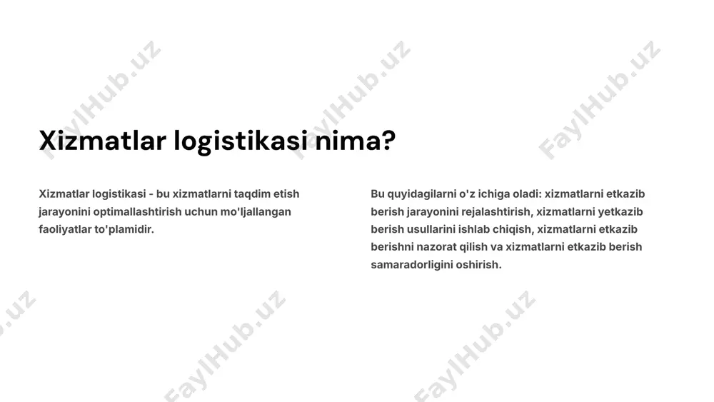 n-to'g'ri kanal mijozlarga xizmatlarni to'g'ridan-to'g'ri taqdim etish. bilvosita kanal xizmatlarni etkazib berishda vositachilardan foydalanish. birlashtirilgan kanal to'g'ridan-to'g'ri va bilvosita kanallarning kombinatsiyasidan foydalanish. xizmatlar logistikasida ombor boshqaruvi 1 ombor joyini tanlash xizmatlarni saqlash uchun mos joyni tanlash. 2 ombor joyini rejalashtirish ombor joyini samarali tashkil etish va inventarni saqlash. 3 ombor boshqaruv tizimlari ombor joyidagi inventarni boshqarish uchun tizimlarni qo'llash. xizmatlar logistikasida inventar boshqaruvi talabni prognoz qilish mijozlarning talablarini bashorat qilish va inventarni mufaddal miqdorda saqlash. inventarni boshqarish inventarni qayta ishlash, saqlash, va boshqarish jarayonlarini optimallashtirish. inventarni nazorat qilish inventarni holatini nazorat qilish va inventarni kamchiligini bartaraf etish. inventarni optimallashtirish inventarni boshqarish jarayonini takomillashtirish va xarajatlarni kamaytirish. xizmatlar logistikasida transportni boshqarish 1 transport vositalarini tanlash mahsulotlarni yetkazib berish uchun transport vositalarini tanlash. 2 yetkazib berish yo'llarini rejalashtirish mahsulotlarni yetkazib berish yo'llarini rejalashtirish va optimallashtirish. 3 transport xarajatlarini boshqarish transport xarajatlarini nazorat qilish va optimallashtirish. 4 yetkazib berish vaqti mahsulotlarni yetkazib berish …