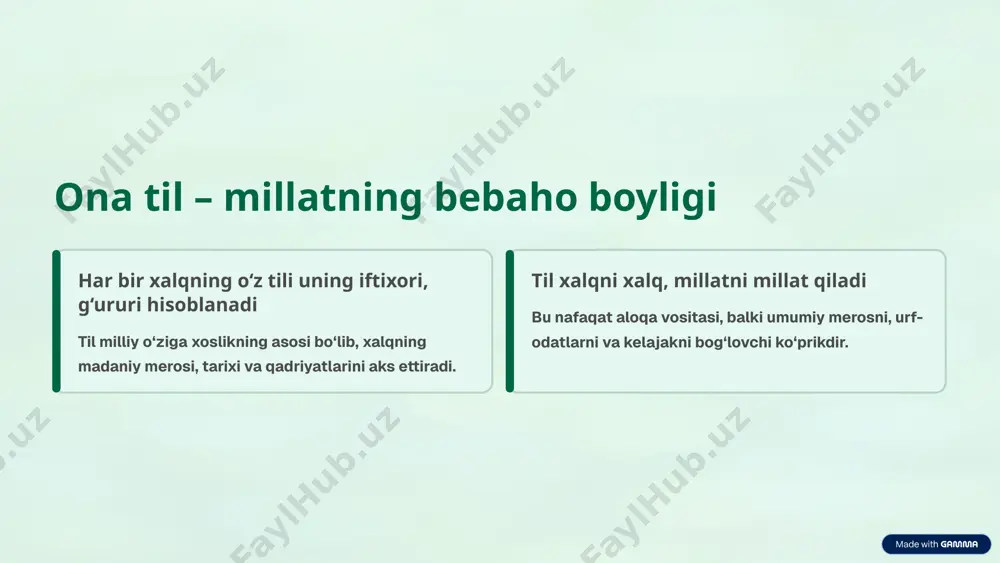 3.xml.rels ppt/notesslides/_rels/notesslide4.xml.rels ppt/notesslides/_rels/notesslide5.xml.rels ppt/notesslides/_rels/notesslide6.xml.rels ppt/notesslides/_rels/notesslide7.xml.rels ppt/notesslides/_rels/notesslide8.xml.rels ppt/notesslides/_rels/notesslide9.xml.rels ppt/_rels/presentation.xml.rels ppt/slidelayouts/_rels/slidelayout1.xml.rels ppt/slidelayouts/_rels/slidelayout10.xml.rels ppt/slidelayouts/_rels/slidelayout11.xml.rels ppt/slidelayouts/_rels/slidelayout2.xml.rels ppt/slidelayouts/_rels/slidelayout3.xml.rels ppt/slidelayouts/_rels/slidelayout4.xml.rels ppt/slidelayouts/_rels/slidelayout5.xml.rels ppt/slidelayouts/_rels/slidelayout6.xml.rels ppt/slidelayouts/_rels/slidelayout7.xml.rels ppt/slidelayouts/_rels/slidelayout8.xml.rels ppt/slidelayouts/_rels/slidelayout9.xml.rels ppt/slidemasters/_rels/slidemaster1.xml.rels ppt/slides/_rels/slide1.xml.rels ppt/slides/_rels/slide10.xml.rels ppt/slides/_rels/slide2.xml.rels ppt/slides/_rels/slide3.xml.rels ppt/slides/_rels/slide4.xml.rels ppt/slides/_rels/slide5.xml.rels ppt/slides/_rels/slide6.xml.rels ppt/slides/_rels/slide7.xml.rels ppt/slides/_rels/slide8.xml.rels ppt/slides/_rels/slide9.xml.rels [content_types].xml ona tilim – jonu dilim! ona til – millatning bebaho boyligi har bir xalqning o‘z tili uning iftixori, g‘ururi hisoblanadi til milliy o‘ziga xoslikning asosi bo‘lib, xalqning madaniy merosi, tarixi va qadriyatlarini aks ettiradi. til xalqni xalq, millatni millat qiladi bu nafaqat aloqa vositasi, balki umumiy merosni, urf-odatlarni va kelajakni bog‘lovchi ko‘prikdir. 1989-yil 21-oktyabr: o‘zbek tiliga davlat tili maqomi berildi bu sana o‘zbek xalqi tarixida oltin harflar bilan yozildi. "davlat tili haqida"gi qonunning qabul qilinishi bilan o‘zbek tilining milliy o‘zlik va huquqiy maqomi mustahkamlandi. bu hodisa mustaqillikka erishish yo‘lidagi muhim qadam bo‘ldi. o‘zbekiston konstitutsiyasida ona tilining o‘rni davlat tilining huquqiy asoslari konstitutsiyamiz o‘zbek tilining davlat tili maqomini