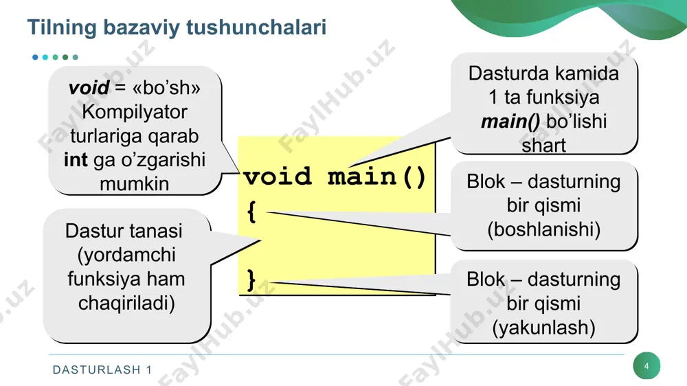 x* = a ifoda x = x*a ifodaga ekvivalentdir; x/ = a+b ifoda x = x/(a+b) ifodaga ekvivalentdir; dasturlash 1 18 shartli amal shartli amal ternar amal deyiladi va uchta operanddan iborat bo‘ladi: ? : shartli amal bajarilganda avval 1- ifoda hisoblanadi. agar 1-ifoda qiymati 0 dan farqli bo‘lsa 2- ifoda hisoblanadi va qiymati natija sifatida qabul qilinadi, aks holda 3-ifoda hisoblanadi va qiymati natija sifatida qabul qilinadi. misol uchun modulni hisoblash: x - katta, >= - katta yoki teng mantiqiy amallar ! - inkor && - kon'yunksiya (mantiqiy ko’paytirish) || - diz'yunksiya (mantiqiy qo’shish) dasturlash 1 20 mantiqiy amallar jadvali х у !x x||y x&&y 0 0 1 0 0 0 1 1 1 0 1 0 0 1 0 1 1 0 1 1 dasturlash 1 21 taqqoslash amallari amallar qo’llanilishi mazmuni (o’qilishi) a>b “a katta b” >= a>=b “b kata yoki teng b” == a==b “a teng …