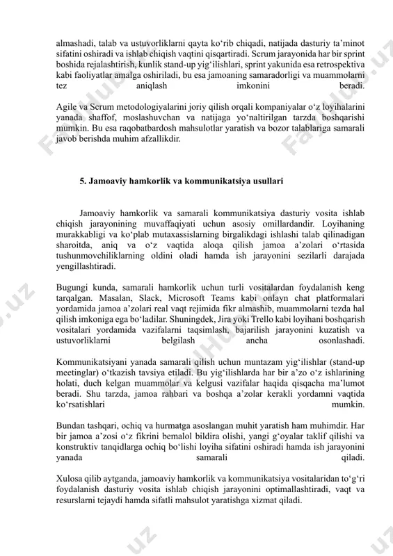 qish jarayonini silliq va muvaffaqiyatli olib borishga imkon yaratadi, bu esa mahsulotning bozorda raqobatbardosh va samarali bo‘lishini ta’minlaydi. 4. agile va scrum metodologiyalari agile va scrum metodologiyalari dasturiy vosita ishlab chiqish jarayonini yanada samarali, moslashuvchan va tezkor qilish uchun keng qo‘llaniladigan yondashuvlardir. agile — bu loyihaning o‘zgaruvchan talablariga tez moslashishga imkon beruvchi iterativ va inkremental rivojlanish tamoyili bo‘lib, jamoalar o‘rtasida yaqin hamkorlik va doimiy aloqani ta’minlaydi. scrum esa agile asosida ishlab chiqilgan ramka bo‘lib, u kichik, o‘z-o‘zini boshqaruvchi jamoalarda ishlashni tashkil etadi hamda qisqa sprintlar orqali mahsulotni bosqichma-bosqich yetkazib berishni maqsad qiladi. bu metodologiyalar yordamida jamoalar doimiy ravishda mijozlar bilan fikr almashadi, talab va ustuvorliklarni qayta ko‘rib chiqadi, natijada dasturiy ta’minot sifatini oshiradi va ishlab chiqish vaqtini qisqartiradi. scrum jarayonida har bir sprint boshida rejalashtirish, kunlik stand-up yig‘ilishlari, sprint yakunida esa retrospektiva kabi faoliyatlar amalga oshiriladi, bu esa jamoaning samaradorligi va muammolarni tez aniqlash imkonini beradi. agile va scrum metodologiyalarini …