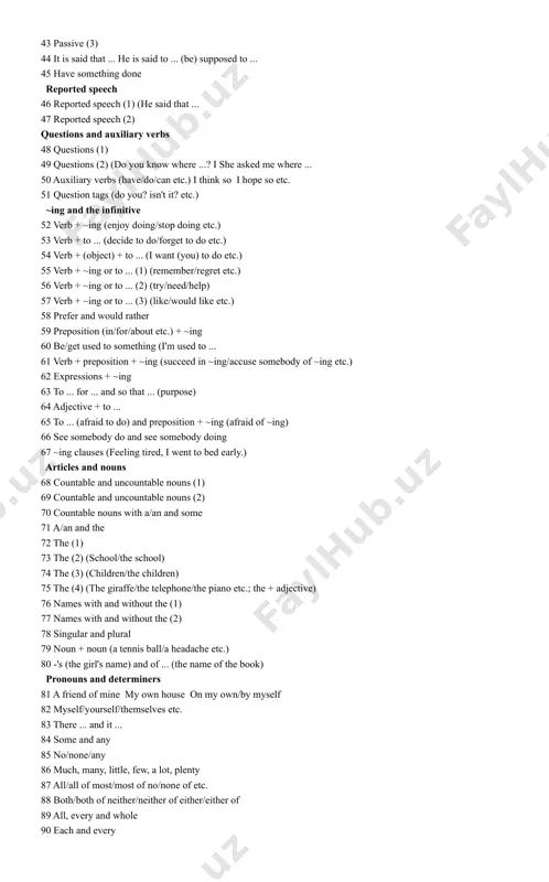 (4)-'extra information' clauses (1) 95 relative clauses (5)-'extra information' clauses (2) 96 ~ing and -ed clauses (the woman talking to tom, the boy injured in the accident) adjectives and adverbs 97 adjectives ending in ~ing and -ed (boring/bored etc.) 98 adjectives: word order (a nice new house) adjectives after verbs (you look tired) 99 adjectives and adverbs (1) (quick/quickly) 100 adjectives and adverbs (2) (well/fast/late, hard/hardly) 101 so and such 102 a. enough and too 103 quite and rather 104 comparison (1)-cheaper, more expensive etc. 105 comparison (2) 106 comparison (3)-as ... as than 107 superlatives-the longest/the most enjoyable etc. 108 word order (1)-verb + object; place and time 109 word order (2)-adverbs with the verb 110 still, yet and already any more/any longer no longer 111 even conjunctions and prepositions 112 although/though/even though in spite of despite 113 in case 114 unless as long as and provided/providing 115 as …