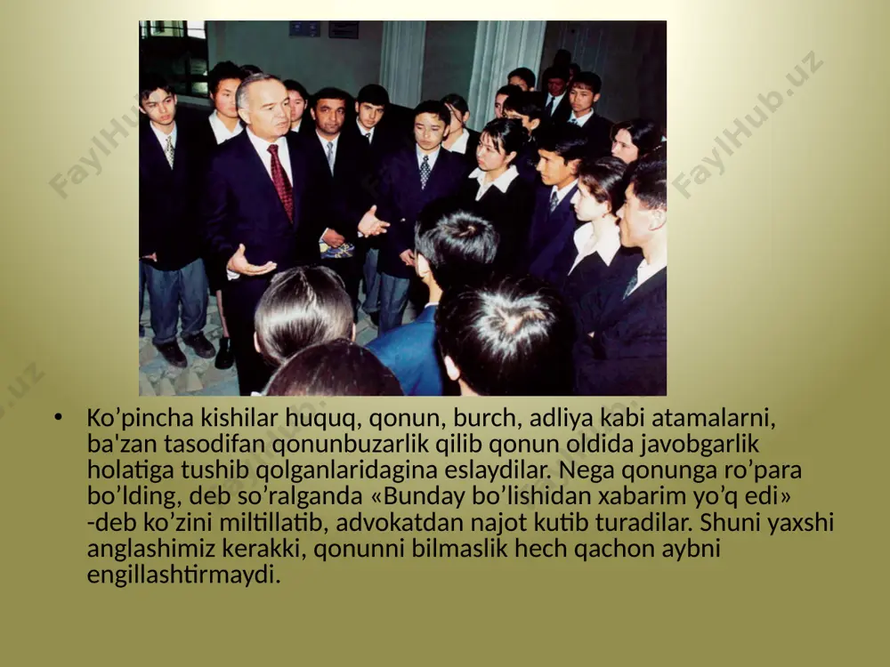 ti islom karimov «sharqda dеmokratik jarayonlarning qadimdan shakllangan o’ziga xos va o’ziga mos xususiyatlari bor. buni aslo nazardan qochirib bo’lmaydi. ya'ni sharqda dеmokratik jarayonlar uzviy ravishda asta-sеkin taraqqiy topadi. bu sohada inqilobiy o’zgarishlar yasashga urinishlar qoyat noxush, hatto fojiali natijalarga olib kеladi. inqilobni qarb olimlari ham «ijtimoiy taraqqiyotning ibtidoiy va yovvoyi shakli» dеb aytganlar. tabiiyki bunday yo’l bizga aslo to’qri kеlmaydi», - dеganda dеmokratiyani joriy etishning bosqichma-bosqich, asta-sеkinlik bilan, odamlar ongi va qalbi orqali amalga oshirish kabi o’zbеkona tamoyillari mavjudligini ko’rsatadi. image1.png image2.jpeg image3.jpeg image4.png image5.jpeg image6.jpeg /docprops/thumbnail.jpeg