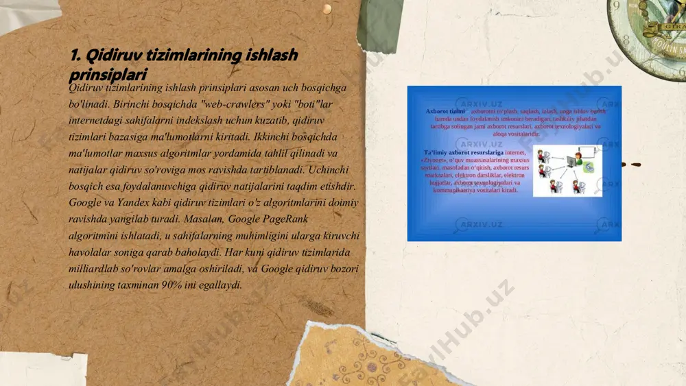 so‘zlar, meta teglari, saytdagi kontent sifatini yaxshilash, va havola olish kabi elementlar mavjud. yaxshi optimallashtirilgan saytlar qidiruv tizimlarida yuqori darajada ko‘rinadi va foydalanuvchilarni jalb qilish imkoniyatini oshiradi. shuningdek, saytning sahifa tezligi, mobil moslashuvchanligi va xavfsizligi ham muhimdir. o‘rganishlarga ko‘ra, google foydalanuvchilari qidiruv natijalari sahifasida birinchi 5 ta havolani eng ko‘p bosadi. i̇nternetda axborotlarni qidirish.qidiruv tizimlari.brauzerlar samandarova dilrabo e'tiboringiz uchun raxmat! slide 1: i̇nternetda axborotlarni qidirish.qidiruv tizimlari.brauzerlar slide 2: i̇nternetda axborotlarni qidirish.qidiruv tizimlari.brauzerlar slide 3: ... slide 4: ... slide 5: ... slide 6: ... slide 7: ... slide 8: i̇nternetda axborotlarni qidirish.qidiruv tizimlari.brauzerlar