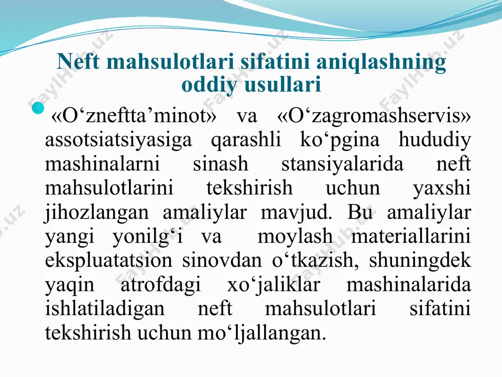 chо‘kadi, maydalari esa yonilg‘i qatlamida uzoqroq qoladi. motor moyi va transmission moyning qovushoqligi yuqori bо‘lganidan amalda ularni filtrlab bо‘lmaydi, shuning uchun ularning ifloslanishiga yо‘l qо‘ymaslik kerak. mayda kо‘zli tо‘rdan suzib olibgina ularni tasodifdan tushgan iflosliklardan tozalash mumkin. xо‘jalik sharotida moylarni abraziv aralashmalardan tozalash uchun ular 70-80 os gacha isitib (bundan yuqori haroratda suv bug‘lana boshlaydi, moy xiralashadi va aralashmalar yaxshi chо‘kmaydi) tindiriladi. tozalash sifati kо‘pgina sabablarga, chunonchi tozalanadigan moyning qovushoqligiga, ifloslanish darajasiga, zarralarning о‘lchamlariga bog‘liq. tindirish vaqti 2 dan 4-5 sutkagacha bо‘lishi mumkin. nazorat savollari: 1. neft xо‘jaligining asosiy vazifalari nimalardan iborat. 2. markazlashtirilgan usulda yetkazib berishning qanday afzalliklari bor? 3. avtotsisterna va rezervuarlar qanday uskunalar bilan jixozlangan? 4. neft maxsulotlari sarfi qanday xisoblab boriladi? e’tiboringiz uchun raxmat. image2.jpeg