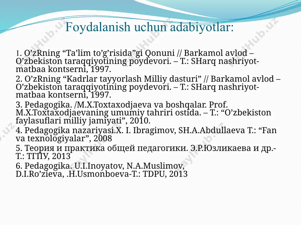 nning tashkiliy-metodik jihatdan to’g’ri uyushtirilishi ta’lim turlari mazmuni, tashkil etilish o’rni, bosqichi, qo’llaniladigan asosiy vositalari va jalb etiladigan ta’lim oluvchilarning yoshiga ko’ra farqlanuvchi ta’lim ko’rinishlari ta’lim tamoyillari ta’lim nazariyasining asosiy yetakchi qoidalari ta’lim shakli ta’lim jarayonining tashkiliy qurilishi ta’lim metodlari ta’lim jarayonida qo’llanilib, uning samarasini ta’minlovchi uslublar majmui ta’lim vositalari ta’lim samaradorligini ta’minlovchi ob’ektiv (darslik, o’quv qo’llanmalari, o’quv qurollari, xarita, diagramma, plakat, rasm, chizma, dioproektor, magnitafon, videomagnitafon, uskuna, televizor, radio, kompyuter va boshqalar) va sub’ektiv (o’qituvchining nutqi, namunasi, muayyan shaxs hayoti va faoliyatiga oid misollar va hokazolar) omillar ta’lim natijasi ta’lim yakunining mohiyatini qayd etuvchi tushuncha; o’quv jarayonining oqibati; belgilangan maqsadni amalga oshirish darajasi ta’lim jarayoni yaxlit tizim sifatida quyidagicha namoyon bo’ladi: ta’lim maqsadi o’qituvchi faoliyati o’quv materiali mazmuni ta’lim metodlari ta’lim vositalari ta’limning tashkiliy shakllari o’quvchi faoliyati natija ta’lim funksiyalari. ta’lim funksiyasi ta’lim jarayoni mohiyatini ifoda etadi. lesson plans can be given special counseling as recommended in the manual, …