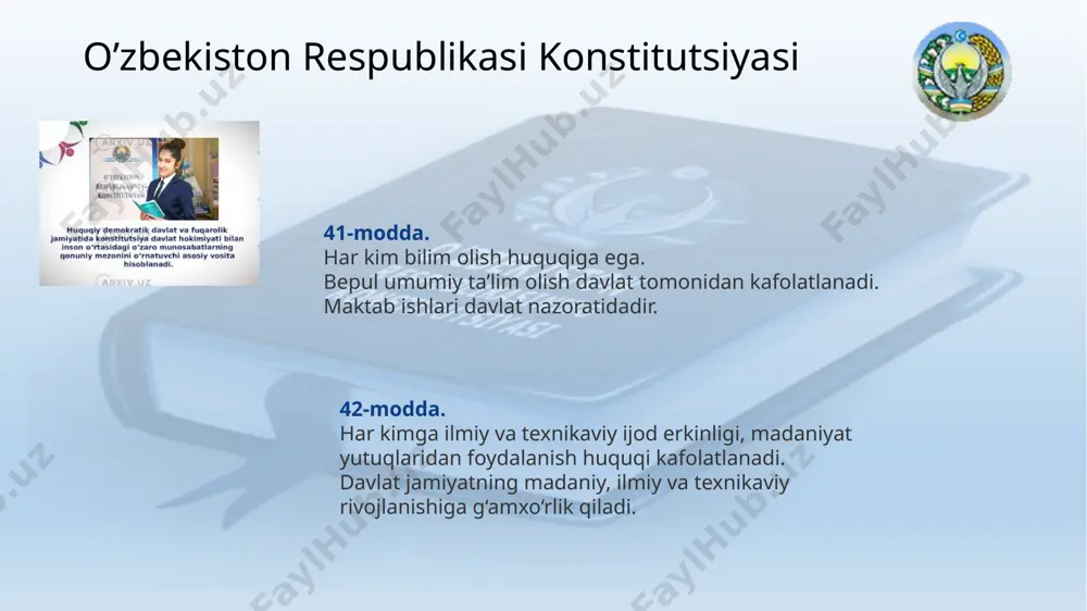 ’lim (1–4 sinf) yuqori o‘rta maktab (10–11 sinf) asosiy (tayanch) maktab (4–9 sinf) 11 ibosqich iibosqich iiibosqich 1998-2000 йилларда мамлакатда 160 минг ўқувчига мўлжалланган 47 та академик лицей ва 260 та касб-хунар коллежлари қурилиб фойдаланишга топширилди. шу мақсадлар учун 135 млр.сўм сарфланди. 1997 йилда ўзбекистонда 59 та олий ўқув юрти, 258 та ўрта махсус ўқув юрти, 75 та коллеж фаолият юритди. 2000 йил бошига келиб, мамлакатимизда 61 та олий, 25 та ўрта махсус ўқув юртлари, шу жумладан, 75 та коллежларда 360 мингдан ошиқ талаба таҳсил олди. ўзбекистонда 2006 йилда 9748 та мактаб бўлиб, уларда 5 млн 926860 та ўқувчилар таълим олади. улар учун 451567 та ўқитувчилар фаолият юритиб 463 номда 16,8 млн нусха дарслик нашр этилади. fransiyada ta’lim tizimi fransiyada “ta’lim haqida”gi qonun dastlab 1955 yilda qabul qilinib, 1979 yilda unga qator o’zgarishlar kiritilgan. davlatda hozirgi davrda amal qilayotgan “ta’lim haqida”gi qonun 1989 yil 10 iyulda qabul qilingan bo’lib, stependiya …