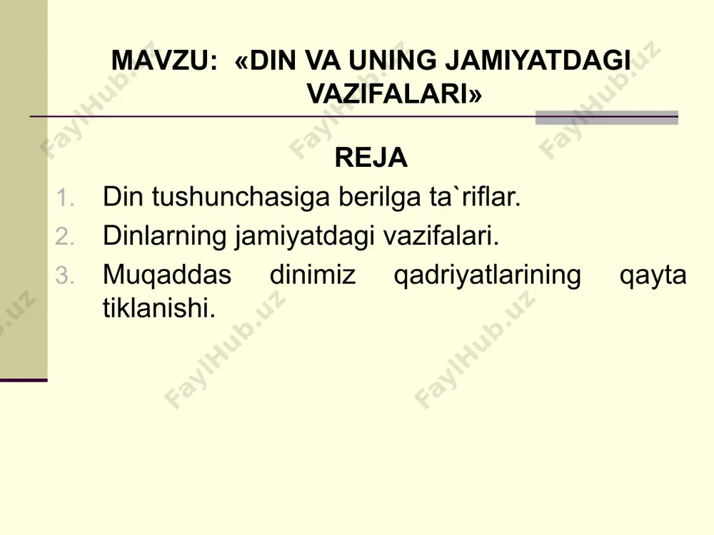 oxtalaridan farqlash, turli zararli oqimlar ta’siriga tushib qolmaslik uchun yordam beruvchi eng muhim tushuncha va tasavvurlar asosida ma’naviy immunitetni shakllantirish; o‘quvchilarning dinga ongli munosabatini –– shakllantirish hamda diniy bag‘rikenglik ruhida tarbiyalashdan iborat. «dinshunoslik» fanining vazifalari: o‘quvchi yoshlarda din va uning turli shakllari, ta’limoti, yo‘nalishi va oqimlari haqida to‘g‘ri, sog‘lom dunyoqarashni shakllantirish; fuqarolarning faoliyati vijdon erkinligiga doir qonun talablariga muvofiq ekanligi hamda e’tiqodi sog‘lom shaxs ma’naviyatida milliy va diniy qadriyatlar uyg‘unligining o‘ziga xos jihatlarini o‘quvchi yoshlar ongiga singdirish; o‘quvchi-yoshlarni diniy qadriyatlarga hurmat bilan qarash, turli dinlar va ularning vakillariga hurmat bilan munosabatda bo‘lish, insoniyat tamadduniga ulkan hissa qo‘shgan ulug‘ allomalarimiz bilan faxrlanish kabi yuksak fazilatlar ruhida tarbiyalashdan iborat. 1. din tushunchasiga berilgan ta’riflar din (arabcha – ishonch, ishonmoq) – borliqni yaratuvchi va boshqaruvchi oliy zotga, ya’ni xudoga nisbatan munosabat, tasavvur, urf-odat va marosimlar majmui sanaladi. har bir din o‘ziga xos sig‘inish obyekti va rasm-rusum, ibodat va aqidalarga ega. din tabiat, jamiyat, …