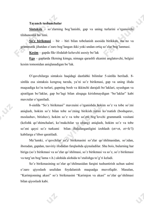 irikmasining so’zlar qo’shilmasidan farqini tushuntirish uchun ualrni o’zaro qiyoslash usulidan foydalanish maqsadga muvofiqdir. masalan, “karimjonning akasi” so’z birikmasini “karimjon va akasi” so’zlar qo’shilmasi bilan qiyoslash kabi. so’z birikmalari zanjiri mavzuini o’tishda gap tarkibida bir so’z birikmasidagi hokim so’z boshqa bir so’zga tobelanishi, bir hokim so’z bir necha tobe so’z yoki bitta tobe so’z bir necha hokim so’zga aloqador bo’lishi kabilarga e’tibor qaratilishi lozim. masalan, “uch kundan beri shimoldan esgan mayin shamol” birikmasi zanjirida 5 ta so’z birikmasi mavjud. 1) uch kundan beri 2) shimolgan esgan 3) mayin shamol 4) shimoldan esgan mayin shamol 5) uch kundan beri shimoldan esgan mayin shamol. o’quvchilar 5-sinfdanoq kesim gap markazi ekanligini biladilar. o’quvchilar sodda gap tarkibidagi kesimlik shakliga ega bo’lgan bitta kesimning bitta gap markazi ekanligini, qo’shma gap tarkibida esa bunday markaz ikki va undan ortiq bo’lishini o’rganadilar. kesim gap markazi bo’lganligi sababli egadan oldin “kesim va uning ifodalanishi” mavzusi o’tiladi. bu mavzuni o’rganishda …