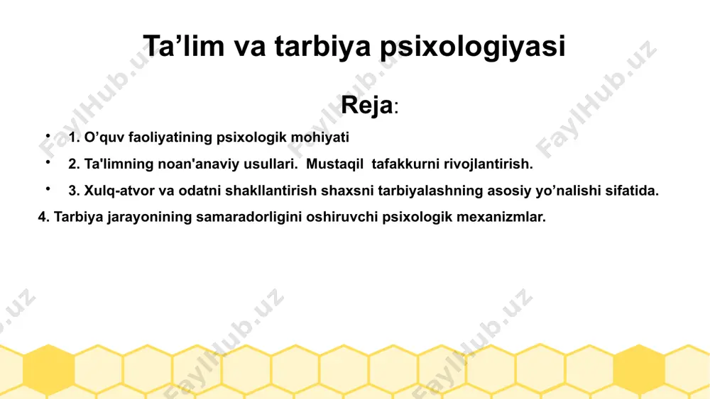 oliyat ayrim kishilar bajarilishini asta-sekinlik bilan o’quvchining o’ziga o’qituvchining ishtirokisiz mustaqil bajarish uchun o’tkazilishidir. ta'limning psixolik asoslari muammosi ko’pgina masalalarni qamrab oladi. ta'limning muvaffaqiyati bir qator psixologik omillarga boqliq bo’ladi. avvalo o’quvchining o’qishga bo’lgan munosabatiga to’xtaylik. bu munosabat diqqatda, his-tuyg’ularda, qiziqishlar va irodada, shuningdek, shaxsning tutgan yo’lida namoyon bo’ladi. ta'lim jarayoni avvalo o’quvchilar diqqatini yo’lga solishni talab etadi. darslarda ko’rgazmali qurollardan, axborot texnologiyalari vositalaridan foydalanish ta'lim oluvchida ixtiyorsiz diqqatni yuzaga keltiradi. ta'lim jarayonida ta'lim beruvchining vazifasi darsda ishlash holatini yuzaga keltirishgina emas, balki o’quvchilarning darsda o’tiladigan materialini idrok etishga tayyor turishlarini kuzatish hamdir. dars jarayonida o’quvchilarning diqqati o’zgarib turadi. o’qitish jarayonida bu qonuniyatlarni nazarda tutish va o’quvchilar diqqatini materialning asosiy jihatlariga jalb etish hamda ularni takrorlash kerak. ta'limning noan'anaviy usullari. mustaqil tafakkurni rivojlantirish. ta'lim oluvchilarning ta'lim faoliyatiga ko’ra ta'limning quyidagacha metodlari ajratiladi: 1. tushuntiruv-ko’rsatmalilik metodi - bu metod reproduktiv metod bo’lib, unda faoliyat o’kituvchi tomonidan olib boriladi, o’quvchilar ta'lim jarayonida …