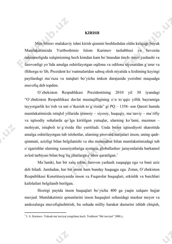 oshirilayotgan tub islohotlar, ularning pirovard natijalari inson, uning qadr- qimmati, azizligi bilan belgilanishi va shu munosabat bilan mamlakatimizdagi tub о`zgarishlar ularning xususiyatlariga ayniqsa, globallashuv jarayonlarida barkamol avlod tarbiyasi bilan bog`liq jihatlarga e`tibor qaratilgan. ma`lumki, har bir xalq erkin, farovon yashash xuquqiga ega va buni aziz deb biladi. jumladan, har bir inson ham bunday huquqga ega. zotan, о`zbekiston respublikasi konstitusiyasida inson va fuqarolar huquqlari, erkinlik va burchlari kafolatlari belgilanib berilgan. hozirgi paytda inson huquqlari bо`yicha 400 ga yaqin xalqaro hujjat mavjud. mamlakatimiz qonunlarini inson huquqlari sohasidagi mazkur meyor va andozalarga muvofiqlashtirish, bu sohada milliy harakat dasturini ishlab chiqish, inson huquqlarini himoya qiladigan muassasalarning yaxlit tizimini barpo etish inson huquqlariga oid xalqaro shartnomalar va hujjatlarga qо`shilishda davom etib, ular bо`yicha majburiyatlarni bajarishning mexanizmi yaratildi. umuman olganda, islohotlar markazida insonning oliy qadriyat sifatida baholanishi mamlakatimiz strategik vazifalariga hamohangdir. xususan, bu boradagi barcha о`zgarishlarni mazmun - mohiyati ham inson va uning qadr- qimmatini kо`tarish …
