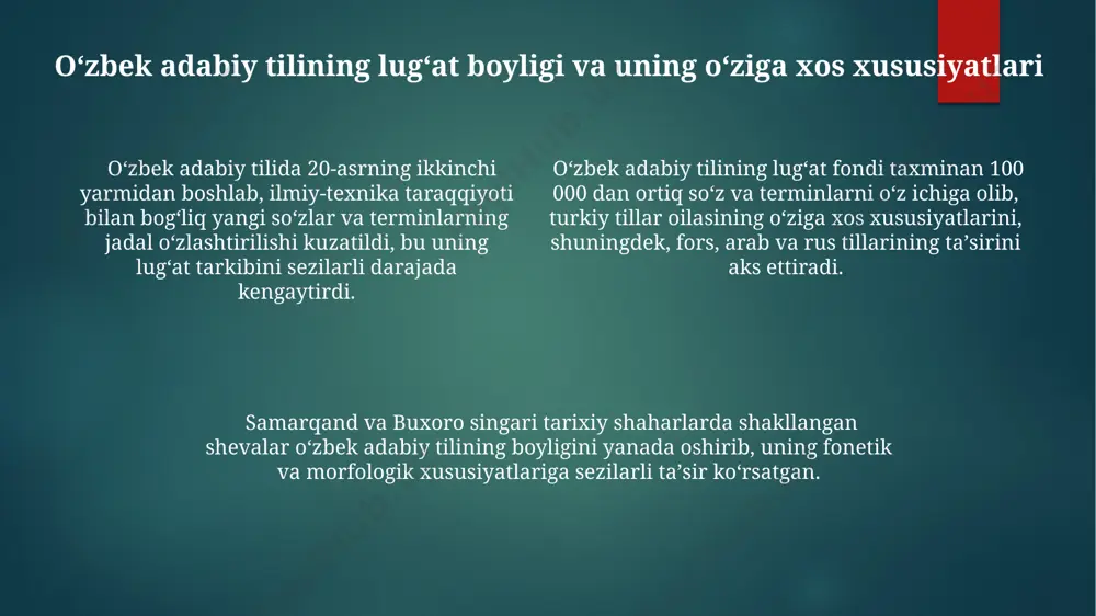, hozirgi kunda 300 dan ortiq qoida va istisnolarni oʻz ichiga oladi. toshkent shahrida joylashgan “oʻzbek tili va adabiyoti” instituti, imlo meʼyorlarining amaliy qoʻllanilishi boʻyicha 50 dan ortiq qoʻllanma va lugʻatlarni nashr etgan. oʻzbek adabiy tilining sheva va lahjalar bilan munosabati toshkent shevasi, oʻzbekiston poytaxti sifatida, adabiy tilning standartlashuvida muhim ahamiyatga ega boʻlib, uning lugʻaviy boyligi va grammatik tuzilishiga taʼsir koʻrsatgan. oʻzbek adabiy tili, taxminan 14 ta sheva va 100 dan ortiq lahjalarning boyligiga asoslanadi, xususan samarqand, buxoro va xorazm shevalari adabiy tilning shakllanishida muhim rol oʻynagan. janubiy va shimoliy oʻzbekiston shevalari oʻrtasidagi fonetik va leksik farqlar 20% ga yaqin boʻlib, adabiy tilning standartlashtirish jarayonida ushbu farqlarni hisobga olish zarur. oʻzbek adabiy tilining tinish belgilaridan foydalanish meʼyorlari qoʻshtirnoq belgilaridan (“…” yoki «…») foydalanish, jumladan, 3 dan ortiq jumla ichiga joylashgan tirnoqlardan foydalanish meʼyorlari, 1990-yillardagi oʻzgarishlardan keyin qayta koʻrib chiqildi. nuqta, vergul, ikki nuqta kabi asosiy tinish belgilari bilan bogʻliq meʼyorlar, …