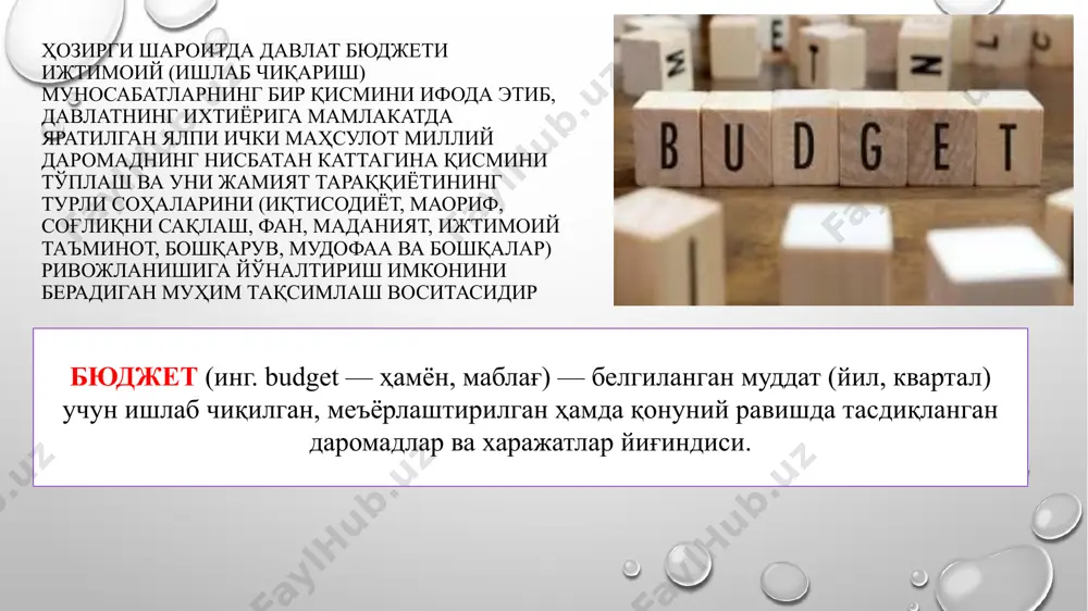 р манбалари ва улардан тушумлар миқдори, шунингдек молия йили мобайнида аниқ мақсадлар учун ажратиладиган маблағлар сарфи йўналишлари ва миқдори назарда тутилади; қорақалпоғистон республикасининг бюджети — давлат бюджетининг қорақалпоғистон республикаси пул маблағлари жамғармасини ташкил этувчи бир қисми бўлиб, бюджетда даромадлар манбалари ва улардан тушумлар миқдори, шунингдек молия йили мобайнида аниқ мақсадлар учун ажратиладиган маблағлар сарфи йўналишлари ва миқдори назарда тутилади ўзбекистонда янги бошланаётган йил учун давлат бюджети йил якуни (декабрь ойининг охири)да ўзбекистон республикаси олий мажлиси сессиясида тасдиқланади ва қабул қилинган давлат бюджети қонун кучига эга бўлади ҳамда амалиётга жорий этилади. ўзбекистон мустақилликка эришгандан сўнг давлат бюджетининг шаклланиш хусусиятлари бошқариладиган бозор иқтисодиётига ўтиш давридаги ўзгаришлар билан боғлиқ ҳолда борди. 1995 й. да ўзбекистонда бюджет камомади 3%, 1996 й. да 3,5%, 1997 й. да 2,2%, 2000 й. да ялпи ички маҳсулотнинг 1 % (32,8 млрд. сўм)га тенг бўлди. амалда бўлган қонунчиликка мувофиқ ташкил этиладиган бюджетдан ташқари жамғармалар (ижтимоий суғурта жамғармаси, иш билан …