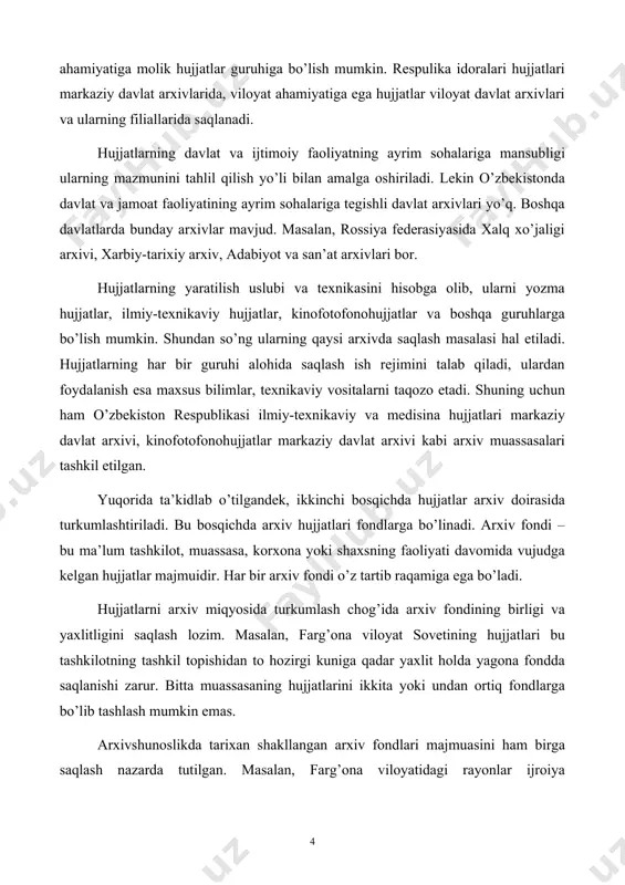 ndlaridan tashqari arxiv kolleksiya (to’plam) lari ham bo’lishi mumkin. kolleksiyalarga alohida fondlarni tashkil etish uchun yetarli bo’lmagan ayrim hujjatlar kiritiladi. masalan, «farg’onalik jangchilarning frontdan yozgan maktublari», «inqilobiy varaqalar», «ikkinchi jahon urushi qatnashchilarining hujjatlari» kabi arxiv kolleksiyalari bo’lishi mumkin. uchinchi bosqichda hujjatlar arxiv fondi miqyosida alohida yig’majildlarga bo’lingan holda turkumlanadi. har bir yig’majild (yedinisa xraneniye, delo = saqlov birligi) bitta yoki ko’pini shakl va mazmun jihatidan o’zaro yaqin bo’lgan bir necha hujjatlardan iborat bo’ladi. soddaroq qilib aytganda, yig’majild biron bir tashkilot yoki muassasaning bitta papkaga tikilgan hujjatlaridir. arxiv fondini tashkil etish ishi odatda idoraviy arxivdan boshlanadi. bu yerda ish yuritish jarayonida hujjatlar alohida yig’majildlarga tiqiladi, keyinchalik ma’lum muddatdan so’ngdavlat arxiviga topshiriladi. davlat arxivlarida odatda shaxsiy arxivlardan qabul qilingan hujjatlargina fondlar va yig’majildlarga bo’linadi. har bir yig’majild o’z tartib raqamiga ega bo’ladi. yig’majildlar eng avvalo strukturaviy va xronologik tamoyillar asosida tuziladi. ayrim hollarda tarmoq, funksional, nominal, mavzuiy, jug’rofiy va boshqa tamoyillar ham …