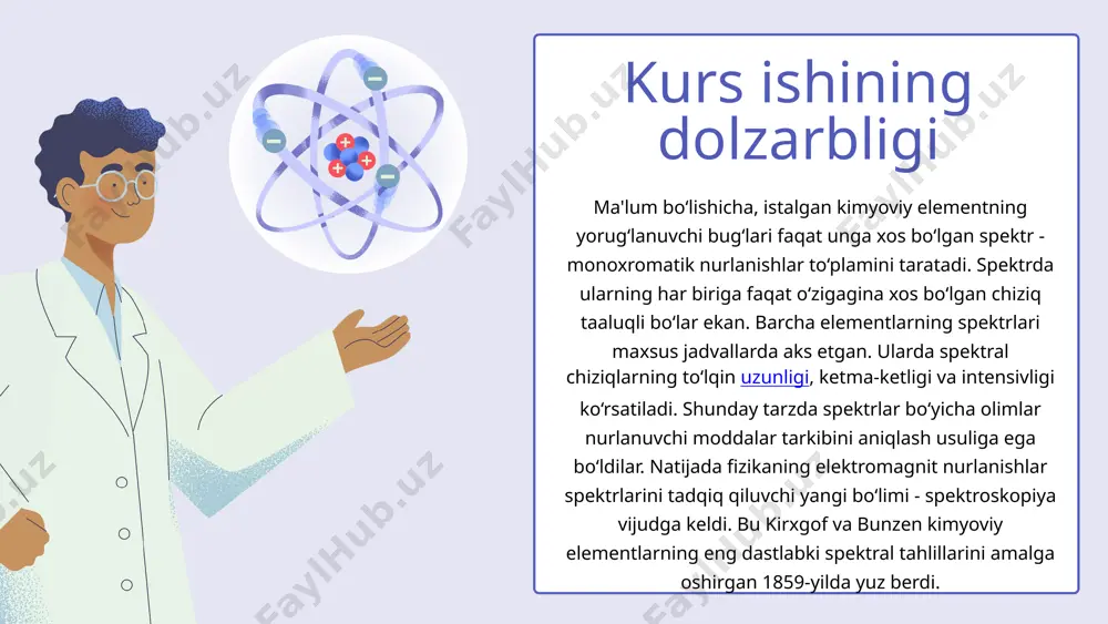 blanadi. u atom yadrosining tuzilishi, yadro kuchlari va yadroning turli xossalarini oʻrganadi. yadro spektroskopiyasini alfa, beta va gamma spektroskopiyasi deyish ham mumkin. yadro spektroskopiyasi tо‘lqin uzunligi spektroskopiyada asosan energiya birligi sifatida elektronvolt ishlatiladi. 1 ev=1,6∙10-19 joul chastota chastota 1 sekunddagi tebranishlar soni tо‘lqin soni deb 1 sm da joylashgan tо‘lqin uzunliklari soniga aytiladi. spektroskopiyada tо‘lqin sonini chastota deb aytiladi. tо‘lqin soni birligi [sm-1] h- plank doimiysi 6,63×10-34j× s teng foton energiyasi ; 1 j=107 erg spektroskopiyaning asosiy birliklari spektroskopiya har bir spektral chiziq (yutilish, chiqarish va sochilish) о‘zining chastotasi bilan, integral va spektral intensivligi bilan dipolyarizasiya koeffisiyenti bilan yarim kengligi bilan va boshqa kattaliklari bilan xarakterlanadi elektron spektroskopiya hozirgi zamon tasavvurlariga ko‘ra yorug‘lik ham zarracha, ham to‘lqin xususiyatiga ega, ya’ni har qanday nur suv yuzasidagi to‘lqinlar kabi tarqaladi. to‘lqinlar - to‘lqin uzunligi (lambda), to‘lqin balandligi - amplitudasi a va shu to‘lqinning tarqalish tezligi s kabi kattaliklarga ega. ariq suvidagi to‘lqinlar …