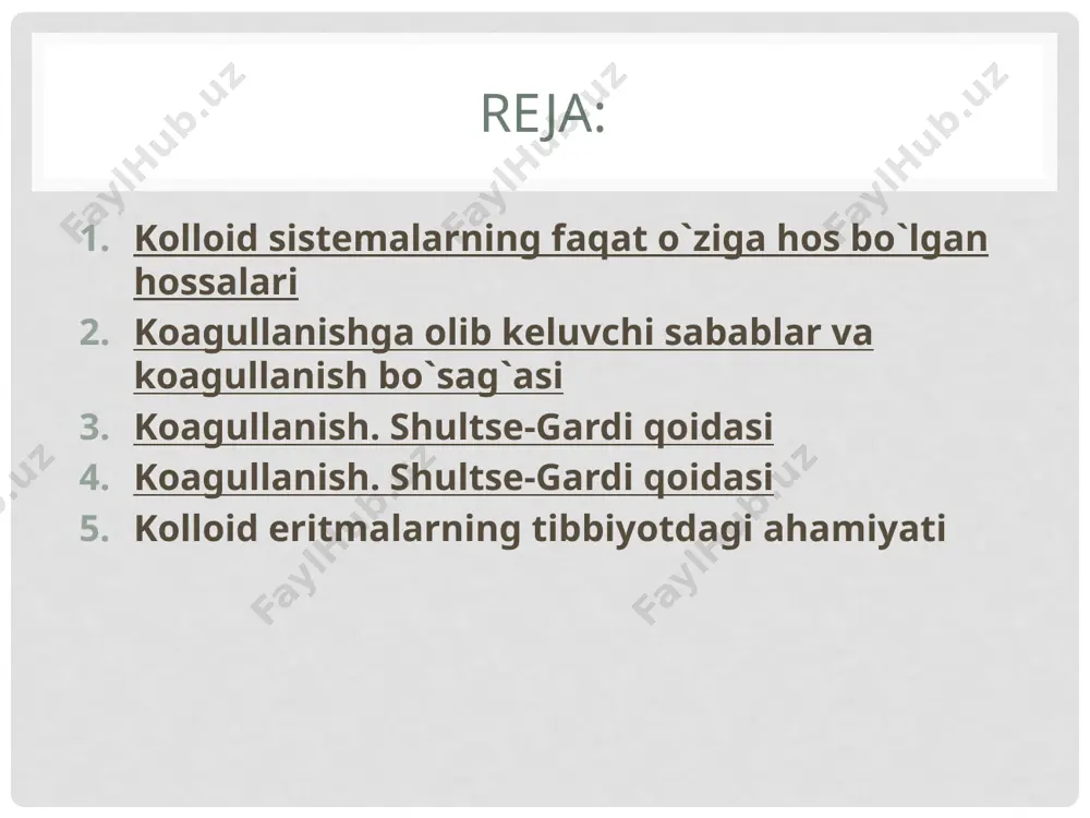uzoqlashgan sari ζ qiymati kamayib boradi. qarama-qarshi ionlarning diffuzion qavatda tugaydigan chegarasida ζ =0 bo‘ladi kolloid zarrachalar o‘rtacha tezligining potensial gradientiga nisbati kolloid zarrachalarning elektroforetik harakatchanligi deb aytiladi va u0 bilan belgilanadi. elektrkinetik potensial ζ qiymati: 1. temperaturaga 2. qarama-qarshi ionlar konsentratsiyasiga 3.qarama-qarshi ionlarning zaryadiga bog‘liq bo‘ladi. elektroforetik usulning tibbiyotda qo‘llanlishi hozirgi vaqtga kelib tibbiyotda davolashning fizioterapiya usullari keng qo‘llanilmoqda. ular boshqa usularga nisbatan arzon va qo‘shimcha reaksiyalarni organizmda chaqirmaydi. fizioterapiya usullari ichida asosiy o‘rinni dorilar yordamida davolash elektroforezi egallaydi. . u tibbiyot davolash muassasalarida 20-25 %ni tashkil qilib, tibbiyot va biologiyada asosan quyidagi holatlarda ishlatiladi: - moddalarni preparativ ajratish - elektr maydonida hujayra va boshqa zarrachalarning harakatchanigini o‘rganish - to‘qima va ularning sirtlarini elektrokinetik o‘rganish elektroforez usullari. dorivor moddalarning eritmadan bo‘lgan elektroforezi. bunda maxsus matolar dorivor modda eritmasiga botirilib elektrod bilan tana orasiga qo`yiladi. bundan tashqari elektroforezning quyidagi usullari farqlanadi. 1) nazal elektroforez 2) vakuum elektroforez 3) induktotermoelektroforez 4) …