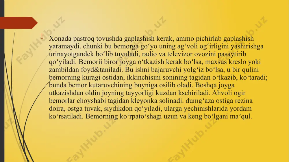 t xizmatini amalga oshirish; profilaktika uch xil bo‘lishi mumkin: birlamchi, ikkilamchi va uchlamchi. birlamchi profilaktika - bu inson salomatlik holatining va kasallikning yomonlashuvini oldini olish, shuningdek kasallilarning erta va yashirin shakllarini aniqlashga qaratilgan tibbiy va tibbiy bo‘lmagan choralar majmui. ikkilamchi profilaktika - yuzaga kelgan kasalliklarning avj olishini oldini olishga qaratilgan tibbiy choralar to‘plamidir. uchlamchi profilaktika kasalliklarning rivojlanishi va ularning asoratlari kelib chiqishini oldini olishga qaratilgan. ikkinchi tamoyil - sog‘liqni saqlashsohasida inson va fuqorolar huquqlarini himoya qilish. bir necha yo‘nalishda amalga oshiriladi: • tibbiy va ijtimoiy yordam olishda fuqorolarning huquqlari; • tibbiy va farmatsevtika xodimlarining majburiyatlari va huquqlari; • salomatlikka zarar etkazish uchun javobgarlik; • tibbiy yordam olish; tibbiy xizmat turlari: tibbiy kasbning malakaviy tavsiflariga muvofiq, barcha tibbiy yordam turlari, ushbu yordam ko‘rsatilgan joyiga va sharoitiga qarab, tashkilotning xususiyatlariga va mutaxassisning malakasiga qarabquyidagi turlarga bo‘linadi: 1. birinchi tibbiy yordam: o‘z-o‘ziga yordami, o‘zaro yordam, sanitariya xodimi yordami, maxsus o‘qitilgan bir qator "ijtimoiy" …