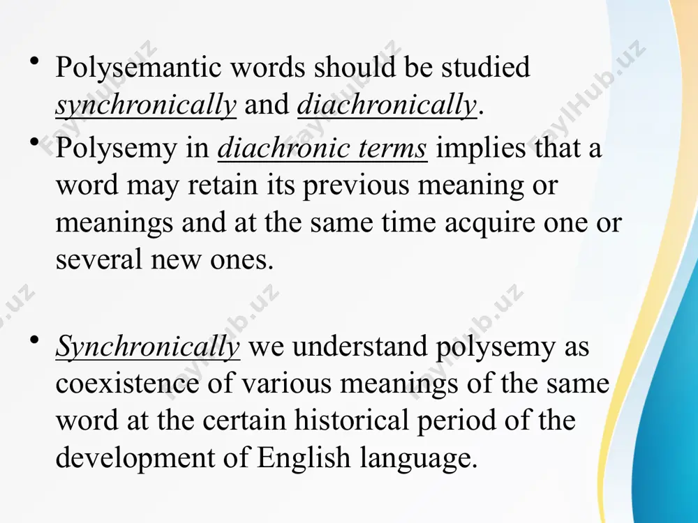 ench borrowing. 3. word-building (conversion) – transfering from one part of the speech to another. comb, n. – to comb, v. 4. shortening. fan from fanatic and fan – ventilator rep – reputation or representative for modern linguists it is hard to distinguish between polysemy and homonymy. in case of concatenation the last meaning can drop out of the polysemantic structure of a word. image2.jpeg image1.jpeg /docprops/thumbnail.jpeg