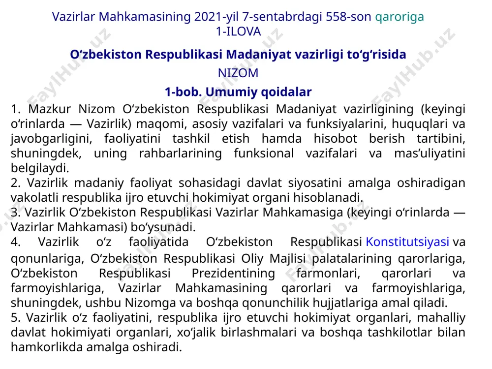 arkazi”, baxshichilik san’atiga ixtisoslashtirilgan respublika maktab-internati, buxoro, farg‘ona va urganch maqom san’atiga ixtisoslashtirilgan maktab-internatlari “o‘zbekiston davlat filarmoniyasi” davlat muassasasi “binolardan foydalanish va ularni ekspluatatsiya qilish direksiyasi” davlat muassasasi “xalqlar do‘stligi” san’at saroyi, islom karimov nomidagi farg‘ona viloyati teatr va konsert saroyi, “surxondaryo san’at saroyi” davlat muassasasi davlat teatrlari, teatr studiyalari “guliston” va “teatr” jurnallari birlashgan tahririyati” davlat muassasasi madaniyatshunoslik va nomoddiy madaniy meros ilmiy-tadqiqot instituti “madaniyat ta’limi markazi” davlat muassasasi qoraqalpog‘iston respublikasi madaniyat vazirligi, viloyatlar va toshkent shahar madaniyat boshqarmalari respublika markaziy ko‘zi ojizlar kutubxonasi oliy ta’lim muassasalari va filiallari, qayta tayyorlash va malaka oshirish markazlari, professional ta’lim muassasalari, bolalar musiqa va san’at maktablari tuman (shahar) madaniyat bo‘limlari madaniyat markazlari o‘zbekiston respublikasi prezidentining 2025-yil 19-martdagi pf-52-son farmoni 7-bob. vazirlik faoliyatini tashkil etish. 1-§. vazirlik rahbariyati 37. vazirlikka o‘zbekiston respublikasi prezidentining taqdimiga ko‘ra o‘zbekiston respublikasi oliy majlisi qonunchilik palatasi ma’qullaganidan keyin prezident tomonidan lavozimga tayinlanadigan va lavozimdan ozod etiladigan vazir boshchilik …