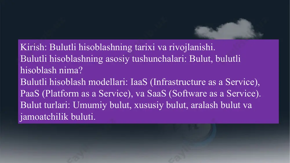 ing as a service, xaas): bu atama bulutli hisoblashning turli xil modellari va xizmatlarini ifodalash uchun ishlatiladi. bu, o'z navbatida, foydalanuvchilarga ko'proq moslashuvchanlik va kengaytirilgan xizmatlar to'plamini taqdim etish imkonini beradi. bulutli hisoblash bulutli hisoblash resurslari talabga qarab avtomatik ravishda kengaytirilishi yoki qisqartirilishi mumkin, bu esa foydalanuvchilarga faqat o'z ehtiyojlariga mos keladigan resurslardan foydalanish imkonini beradi. bulutli xizmatlar foydalanuvchilarga tezkor hisoblash imkoniyatini taqdim etadi, bu esa dasturlar va xizmatlarning yuqori qobiliyatini va mavjudligini ta'minlaydi. bulutli xizmatlar internet orqali istalgan joydan kirish imkoniyatini beradi, bu esa masofadan ishlash va global jamoalarni boshqarishni osonlashtiradi. bulutli provayderlar ma'lumotlar xavfsizligi va himoyasi uchun turli xil texnologiyalardan va amaliyotlardan foydalanadilar, lekin foydalanuvchilar ham o'z ma'lumotlari xavfsizligiga e'tibor berishlari kerak. bulutli hisoblashning ushbu asosiy tushunchalari korxonalar va yakka foydalanuvchilarga katta miqdordagi hisoblash resurslaridan, oson miqyoslanuvchanlikdan va qulaylikdan foydalanish imkoniyatini beradi. bulutli hisoblashning tarixi va rivojlanishi bir qator bosqichlardan iborat bo'lib, bu texnologiya o'tgan asrlarda kompyuter texnologiyalari …