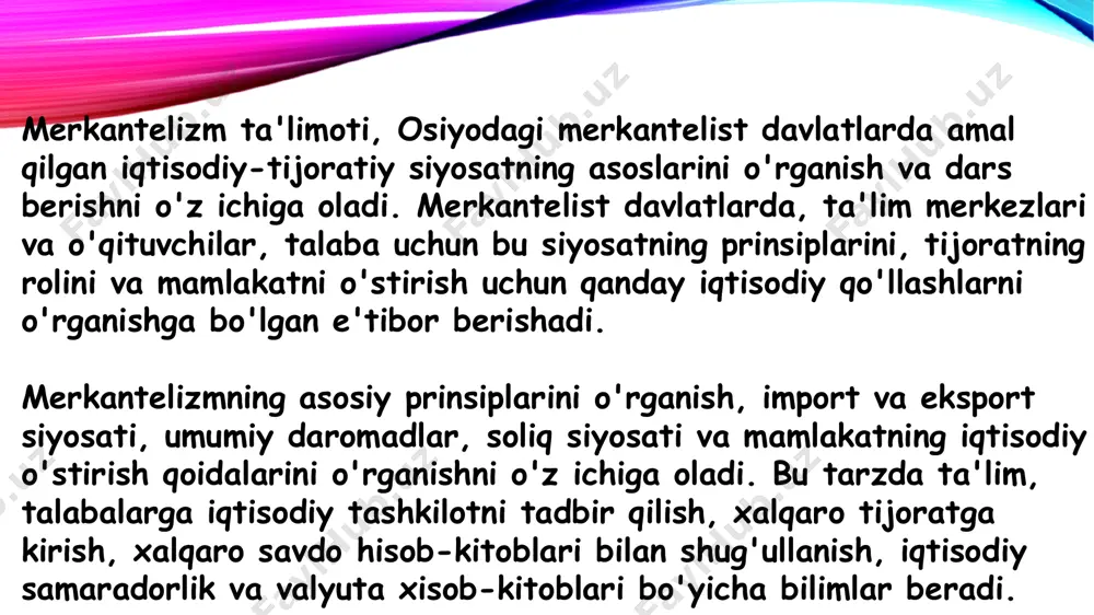 ashqi savdo orqali zaxiralarni oshirishga intilgan. 4. koloniyalarni rivojlantirish va nazorat qilish: merkantilist davlatlar koloniyalarni xomashyo manbalari va eksport bozori sifatida qarashgan. shu sababli ko‘plab yevropa davlatlari koloniyalarni zabt etishga intilgan va o‘z mahsulotlarini bu hududlarda sotishni afzal ko‘rgan. klassik iqtisodiy maktab ta'limoti 18-asr oxiri va 19-asr boshlarida adam smit, david rikardo, tomas malthus va jon styuart mill kabi yetakchi iqtisodchilar tomonidan yaratilgan. bu maktab merkantilizm ta'limotiga qarshi chiqib, iqtisodiyotni davlat emas, balki erkin bozor mexanizmlari orqali boshqarishni qo‘llab-quvvatlaydi. klassik iqtisodchilar shaxsiy manfaatga asoslangan bozor tizimining iqtisodiy o‘sish va jamiyat farovonligini oshirishdagi kuchiga ishonishgan. klassik maktab asosidagi g‘oyalar bugungi kapitalistik tizimning asoslarini tashkil etadi. klassik maktabning asosiy g‘oyalari va ta’limoti quyidagicha: 1. ko‘rinmas qo‘l va erkin bozor ko‘rinmas qo‘l: adam smitning mashhur "ko‘rinmas qo‘l" nazariyasiga ko‘ra, har bir shaxs o‘z manfaatini ko‘zlab iqtisodiy faoliyat bilan shug‘ullansa, bu jamiyatning umumiy farovonligiga xizmat qiladi. davlatning cheklangan roli: iqtisodiyotni davlat tomonidan boshqarish o‘rniga …