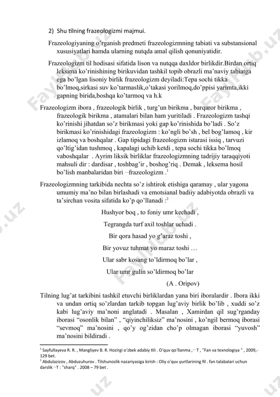 rkin birikma bilan omonlik sifatida bo’ladi . quyidagi gaplar tarkibida kelgan turg’un va erkin birikmalar bunga misol bo’ladi . 1. bola qoqilib yiqildi , u labini tishlab oldi . 2. xadicha xola gapni qo’zg’ashga qo’zg’adiyu, lekin o’g’lining avzoyi buzilganini sezib , labini tishladi[footnoteref:3] [3: asqarova m , r. yunusov , m . yo’ldoshiv , d . muhammedova o’zbek tili praktikumi , “iqtisod – moliya” nashriyoti toshkent 2009 . 127 bet.] iboralar ham so’zlar kabi ifoda va ma’no butunligiga ega.so’zning ifodaviy tomonini tovushlar tashkil etsa, iboraning ifoda tomonini esa so’zlar tashkil etadi.qiyoslang:farzand –ko’zning oq-u qorasi, ulug’lamoq –ko’kka ko’tarmoq. ibora o’ziga xos ma’no tomoniga ham ega. iboradan anglashiladigan ma’no uning tarkibidagi so’zlardan anglashiladigan ma’nolarning oddiy yig’indisi bo’lmay umumlashma, obrazli, ko’chma ma’no sifatida gavdalanadi. masalan, yo’qlab kelibsan, boshim osmonga yetdi.(a.muxtor). bu gapdagi boshi osmonga yetmoq iborasining “xursand bo’lmoq” ma’nosi bosh, osmon, yetmoq so’zlari anglatadigan ma’nolarning oddiy yig’indisi emas, balki xursandchilik tuyg’usini ifodalashga asoslangan …