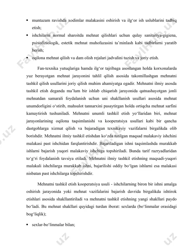 n maqsad malakaviy ishchini malakasi past ishchidan farqlantirishdir. bajariladigan ishni taqsimlashda murakkab ishlarni bajarish yuqori malakaviy ishchiga topshiriladi. bunda tarif razryadlaridan to‘g‘ri foydalanish tavsiya etiladi. mehnatni ilmiy tashkil etishning maqsadi-yuqori malakali ishchilarga murakkab ishni, bajarilishi oddiy bo‘lgan ishlarni esa malakasi nisbatan past ishchilarga topshirishdir. mehnatni tashkil etish kooperatsiya usuli - ishchilarning biron bir ishni amalga oshirish jarayonida yoki mehnat vazifalarini bajarish davrida birgalikda ishtirok etishlari asosida shakllantiriladi va mehnatni tashkil etishning yangi shakllari paydo bo‘ladi. bu mehnat shakllari quyidagi turdan iborat: sexlarda (bo‘linmalar orasidagi bog‘liqlik); · sexlar-bo‘linmalar bilan; · sexlar-sexlar bilan; · brigadalar o‘rtasidagi (ishchilar bir birlari bilan bog‘liqligi); ishlab chiqarish brigadalari orasidagi bog‘liqlik (ixtisoslashgan kompleks) va boshqa shakllardagi brigadalar orasidagi hamjihatlik bilan berilgan ish normasini bajarish. xulosa qilib aytganda mehnatni ilmiy tashkil etish shakllari, nazariy yondashuv, amaliyot, ilmiy jamiyat bilan hamkorlik qilish, maqsadlarni belgilash va ularni erishish uchun strategiyalarni rivojlantirish, monitoring va baholash, adolat va sifatli ishlar, ilmiy jamiyatga …
