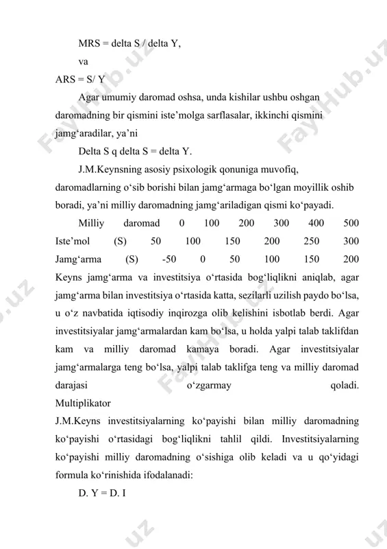 ansaksion motiv); • kutilmagan vaziyat uchun (ehtiyot shartdan); • olib sotarlik sababi. likvidlikka bo‘lgan talab bilan foiz stavkasi o‘rtasida teskari bog‘liqlik mavjud: foiz stavkasi qancha yuqori bo‘lsa, odamlarda o‘z aktivlarini naqd shaklda saqlashga bo‘lgan xohish shuncha kam bo‘ladi va aksincha. iqtisodiyotni davlat tomonidan tartiblashning chora-tadbirlari j.m.keyns ta’limotidagi asosiy yutuqlardan biri shundan iboratki, unda iqtisodiyotni davlat tomonidan tartibga solib turishning zarurligi ko‘rsatib berildi. keynsni hozirgi davrda hammaga yaxshi tanish ibora bo‘lgan «aralash iqtisodiyot»ning otasi deyish mumkin, bu iqtisodiyotda hukumat hal qiluvchi o‘rinni egallaydi. j.m.keyns fikriga ko‘ra, iqtisodiy jarayonlarning davlat tomonidan tartiblanishining samaradorligi davlat investitsiyalarordamida vositalarni qidirishga, aholining to‘la ish bilan bandligiga erishishga, foiz normasini pasaytirish va belgilashga bog‘liq. boshqacha aytganda, j.m.keyns konsepsiyasi bo‘yicha, ssuda foizi qancha past bo‘lsa, investitsiyalarga bo‘lgan qiziqish shuncha yuqori bo‘ladi, bu o‘z navbatida ish bilan bandlikni oshiradi, ishsizlikni tugatishga olib keladi. 20 asrning ikkinchi yarmida j.m.keyns nazariyasi asosida yangi keynschilik shakllandi. 50-yillarda keynschilik g‘oyalari rivojlantirilib, yangi g‘oyalar …