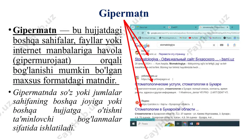 mrab oladi. interaktivlik: foydalanuvchi bir nechta gipermurojaatlar yordamida turli ma'lumotlar o'rtasida mustaqil ravishda harakatlanishi mumkin. tarmoqlangan tuzilma: ma'lumotlar bog'langan tarmoq shaklida tashkil etiladi, bu esa foydalanuvchiga kerakli manbaga erishishni osonlashtiradi. gipermedia misoli: internetdagi veb-saytlar gipermedianing eng yaxshi namunasidir. masalan, bir maqolani o'qiyotgan foydalanuvchi maqola ichidagi video, ovozli yozuvlar yoki boshqa maqolalarga bog'langan gipermurojaatlar orqali boshqa resurslarga o'tishi mumkin. 1.hujjat ichidagi bo'limga gipermurojaat qo'shish quyidagi matnni birinchi sahifada kiriting “2-sahifaga o‘tish” va matn oʻlchamini 28 qilib oʻrnating. ikkinchi sahifada “bu ikkinchi sahifa” yozuvini kiriting va matn oʻlchamini 28 hamda rangini yashil qilib oʻrnating. uchunchi sahifada “bosh sahifaga qaytish” yozuvini kiriting va matn oʻlchamini 28 hamda rangini qizil qilib oʻrnating . matnlarni kiritish natijasi вид ilovasidan несколько страниц koʻrinishini o‘rnating. word oynasi past oʻng burchagidagi – va + tugmalari koʻmagida oʻlchamni oʻzgartiring. hujjat ichidagi bo'limga gipermurojaat qo'shish ikkinchi sahifadagi “bu ikkinchi sahifa” matnni belgilab olingan matnni uchun главная ilovasidagi стили sohasida загаловок …