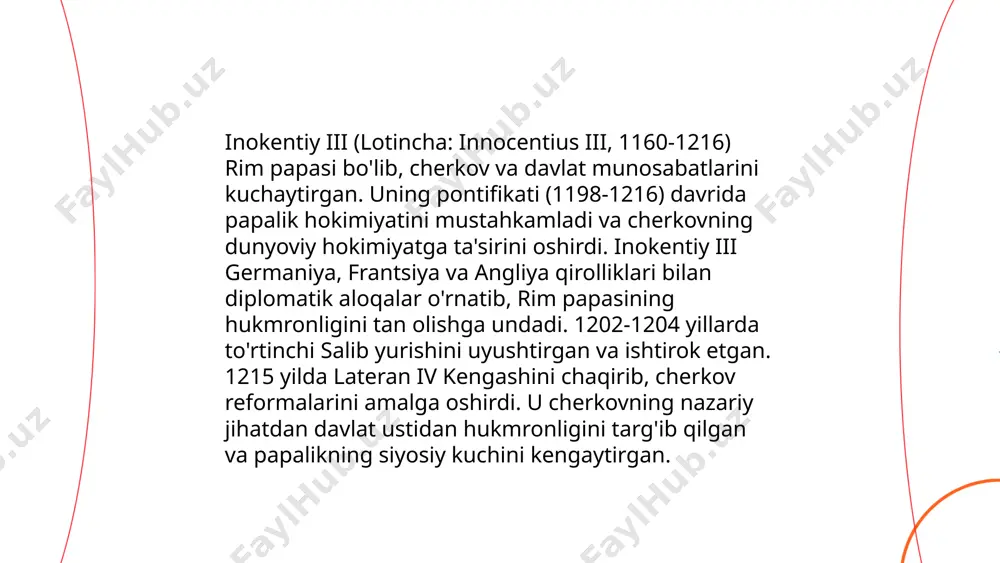 uning eng katta muvaffaqiyati 1187-yilda xittin jangida sankt-yerni salibchilar qo'li ostidan ozod qilish edi. salohiddin ayyubiy ushbu g'alabalari tufayli dunyo musulmonlarini birlashtirishga muvaffaq bo'ldi va islom madaniyatini tiklashda katta hissa qo'shdi. ... t.me/slaydai_bot buyuk karl (742–814), g‘arbiy yevropa xalqlarining buyuk hukmdori, franklar imperiyasini kengaytirgan va 800-yilda rim papasi tomonidan imperator e'lon qilingan. uning davri yevropa uyg‘onishi davrida muhim rol o‘ynagan. uning hukmronligi (768–814) davrida adabiyot, san’at va ta’lim rivojlantirilgan, lotin yozuvi isloh qilinib, maktablar ochilgan. buyuk karlning ma’muriy va siyosiy islohotlari yevropa tarixida katta iz qoldirgan. uning o‘limidan keyin imperiya uch o‘g‘li o‘rtasida bo‘lingan bo‘lib, bu davom etmasligini ko‘rsatgan. "karlojing renessansi" deb nomlanadigan bu davr madaniyat va ilm-fan rivojiga katta hissa qo‘shgan. ... t.me/slaydai_bot 10. buyuk karl va franklarning davlat tuzumi. katta karl (768-814) fraklar qirolligining hukmdori bo'lib, u yevropada ilk o'rta asrlar davrida kuchli davlat tuzumi yaratgan. uning davlati, fraklar imperiyasi, hozirgi frantsiya, germaniya, italiya va boshqa hududlarni o'z …