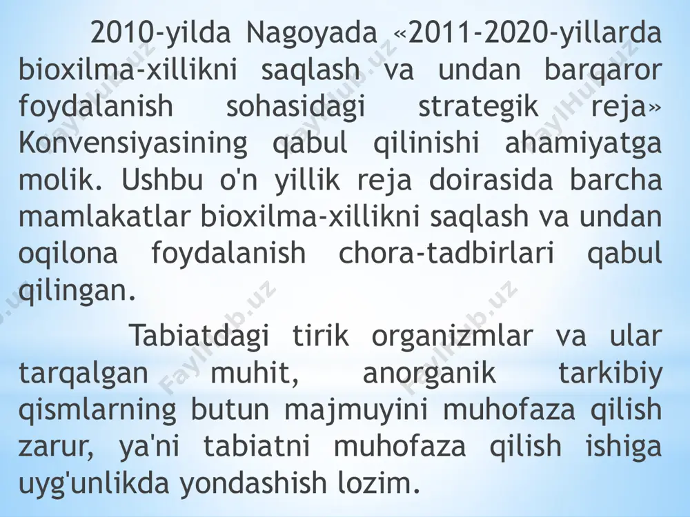 vidan chiqarib olinadi va davlat muhofazasi ostida bo'ladi. qo'riqxonalarda faqat ilmiy tadqiqot ishlari olib boriladi. ayrim qo'riqxonalar biosferaga oid deb e'lon qilingan. ularda har bir tabiiy hududlar uchun o'ziga xos bo'lgan biogeotsenozlar saqlanadi. davlat buyurtma qo'riqxonalari (zakazniklar) - muhofaza qilinadigan hududlar, ularda tabiiy boyliklardan cheklangan miqdorda foydalangan holda ovlanadigan hayvonlar va o'simliklar muhofaza qilinadi. zakazniklar dorivor o'simliklar, qo'ziqorinlar, rezavor mevalarni terish, baliq tutish uchun xizmat qiladi va odatda, ma'lum muddatga tashkil etiladi. zakazniklarda muhofaza ostiga olingan obyektlarga zarar keltirmaydigan darajada cheklangan xo'jalik faoliyati amalga oshiriladi. sanoat ahamiyatiga ega hayvonlar, qushlar uya quradigan, baliqlar uvildiriq sochadigan va parvarishlanadigan, dorivor o'simliklar o'sadigan joylarga zarar yetkazmagan holda faoliyat yuritiladi. zakazniklar o'simliklar olami va hayvonot dunyosi boyliklarini saqlanishini ta'minlab, qo'riqxonalar tizimini sezilarli darajada to'ldiradi. milliy (tabiiy) bog'lar - qo'riqlanadigan hududlar va suv sathining cheklangan qismi, u yerda ekologik, tarixiy va estetik ahamiyatga ega tabiiy majmualar joylashgan. qo'riqxonalardan farqli ravishda, milliy bog'lar maydonining bir qismi …