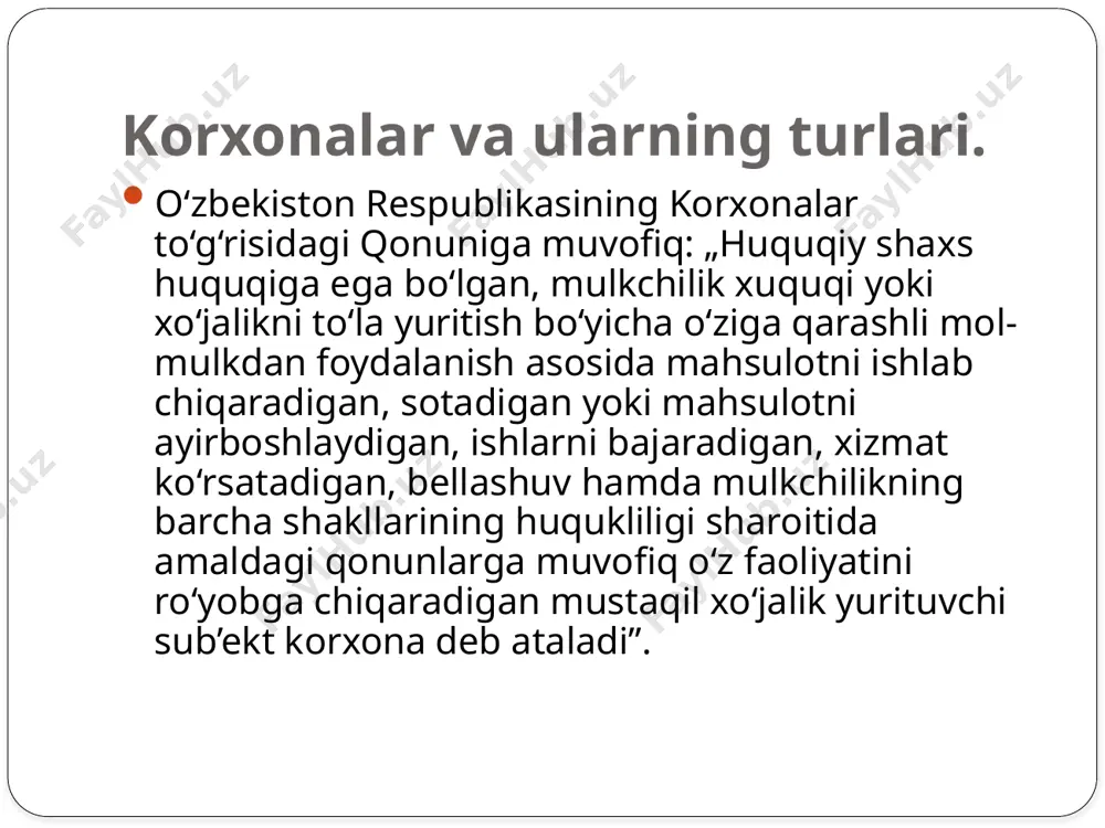 igan firmalar; venchur — kichik va o‘rta investitsion firmalar hisoblanib, ilmiy tarkiblar va muhandislik ishlanmalarini amalga oshiradi; investitsion — investitsiyalash va qimmatli qog‘ozlar bilan bog‘liq operatsiyalarni o‘tkazadigan firmalar; injiniring — muhandislik maslahati ko‘rsatishga ixtisoslashgan firmalar; innovatsion — yangi texnologiyalarni yaratish uchun barpo etiladigan firmalar; kоnsalting — maslahat xizmati ko‘rsatishga ixtisosdashgan firmalar; ishlab chiqarish firmalari — aniq bir mahsulot tayyorlashga ixtisoslashgan bo‘ladi; savdo firmalari — savdo-sotiq bilan shug‘ullanadi; rieltor firmalari — ko‘chmas mulk sohasidagi amallarga ixti-soslashgan bo‘ladi. персонални бошқариш жараёнидаги асосий иштирокчилар. 2. korxona personali va uning tarkibi. zamonaviy korxona tarkibi quyidagichadir: — mulkdorlar(aksiyadorlar); — boshqaruvchilar (menejerlar); — korxona personali (jismoniy shaxslar). корхона персонали-бу меҳнат кодекси ва меҳнатга ёлланиш бўйича шартномага асосан корхона ёки юридик шахс билан муносабатга киришувчи жисмоний шахслар мажмуасидир. корхона персонали-бу корхонанинг вазифаларини рўёбга чиқаришни таъминловчи барча ишловчилар мажмуасидир 2. корхона персонали ва унинг таркиби персонални бошқаришнинг асосий функцияларини ўзида акс эттирувчи тўрт таркибий қисм мавжуддир: персонални танлаш. …