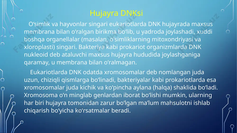 raqamlangan: 1ʼ, 2ʼ, 3ʼ, 4ʼ va 5ʼ (1ʼ “bir shtrix” deb oʻqiladi). nukleotidda uglevod molekulasi markaziy holatni egallaydi, azot asosi 1ʼ uglerodga va fosfat guruhi (yoki guruhlari) esa 5ʼ uglerodga biriktirilgan. fosfat nukleotidda uglevod molekulasining 5ʼ uglerodiga birikkan bitta fosfat guruhi yoki uchtagacha fosfat guruhlari boʻlishi mumkin. ayrim manbalarda bitta fosfat guruhi tutgan molekula “nukleotid” deb keltirilgan, ammo molekulyar biologiyada keng doiradagi atama umumiy qabul qilingan^11start superscript, 1, end superscript zanjir oxiriga qoʻshiladigan yangi nukleotid oʻzida uchta fosfat guruhini tutadi. oʻsib borayotgan dnk yoki rnk zanjiriga qoʻshilgan nukleotid ikkita fosfat guruhini yoʻqotadi. shu sababli dnk yoki rnk zanjiridagi har bir nukleotid faqat bitta fosfat guruhiga ega. polinukleotid zanjirlar nukleotidlar ketma-ketligi yoʻnalganlikka ega boʻlgan polinukleotid zanjir tuzilishiga ega, yaʼni zanjir bir-biridan farq qiluvchi ikkita turlicha oxir (uch)larga ega. 5ʼ oxiri yoki zanjirning boshlanishida birinchi nukleotidning 5ʼ fosfat guruhi joylashadi. 3ʼ oxiri deb nomlangan boshqa tomonida esa oxirgi nukleotidning 3ʼ gidroksil guruhi …
