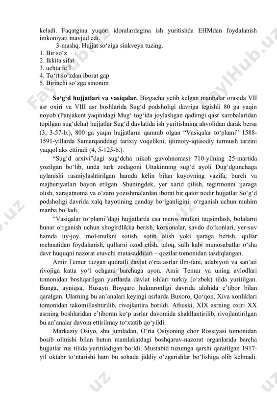 iqqan o‘zbekiston respublikasi 1924-yil 31-dekabrda 48-raqamli “ishlarni o‘zbek tilida yuritish” to‘g‘risida muhim qaror qabul qildi. qarorda butun boshqaruv idoralarida hamma rasmiy ish qog‘ozlari faqat o‘zbek tilida yuritish, o‘zbekcha rasmiy hujjatlar tuzish, yo‘riqnomalarni tayyorlash topshirildi. qarorni hayotda qo‘llash uchun ishchi hay’at yuzaga keldi. har bir tashkilot, muassasa va idoralarda ish yuritish bo‘limlari tashkil qilindi. qarorda dekretga bepisand qarovchilarga chora ko‘rish kerakligi ta'kidlangan edi. ish qog‘oz namunalari maxsus tayyorlandi. ammo 30-yillarda vaziyat o‘zgardi. ayniqsa 1938-yilgi qabul qilingan “об обязательном изучении русского языка” qaroridan keyin milliy tillar, xususan, o‘zbek tilini cheklash siyosati boshlandi. ish yuritish asosan, rus tilida yuritiladigan bo‘ldi. nihoyat, 1989-yili o‘zbekiston respublikasining “davlat tili to‘g‘risida” qonuni qabul qilindi. qonunga muvofiq 8 yil mobaynida barcha rasmiy hujjatlar o‘zbek tilida yozilishi kerak edi. 1995-yil 21-dekabrda qonunning yangi tahrir qilingan variantida o‘zgartirish va qo‘shimchalar o‘z ifodasini topdi. qonunning 8-19-moddalarida ish yuritish o‘zbek tilida, shuningdek, ish qog‘ozlari rus hamda boshqa tillarda tuzish va qabul qilish …