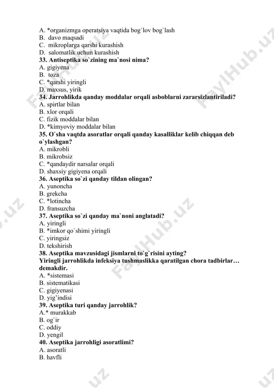 9. qaynayotgan suvga bakteriya o`lishi uchun necha daqiqa kerak? a. 10-20 b. 20-30 c. *15-20 d. 30 50. bemorlarga ishlatiladigan sterillanmaydigan narsalarni ayting. a. klizma, pipetka, sut so`rg`ich b. sut soladigan shisha idish c. rezina so`rg`ich, shpris ignalar d. *choyshab, termometr, tuvak 51. maxsus qaynatgich idish bo`lmaganda nimalardan foydalaniladi? a. qozondan b. misli kostrulkadan c. *aluminiy kostrulkadan d. tunukali kostrulkadan 52. stirillangan narsalarni yuvish kerakmi? a. artish kerak b. *yuvish kerak c. o`zi toza bo`ladi d. qizdirish kerak 53. shisha idishlar sovuq suvga necha sm gacha ko`mib turadigan qilib solinadi? a. 5-10 sm b. 30 sm c. *2-3 sm d. 10-15 sm 54. stirilizatsiya vaqti qachondan boshlanadi? a. *suv qaynab chiqqandan boshlab b. solinishidan boshlab c. bakteriyalar chiqqandan boshlab d. olov yoqilishidan boshlab 55. qanday buyumlarni qaynab turgan suvga solsa bo`ladi? a. shpris b. ninalar c. rezina d. *metal plasmassa rezina 56. sterilizatsiya olganda nimani tushunasiz? a. *turli buyumlarni mikroblardan …