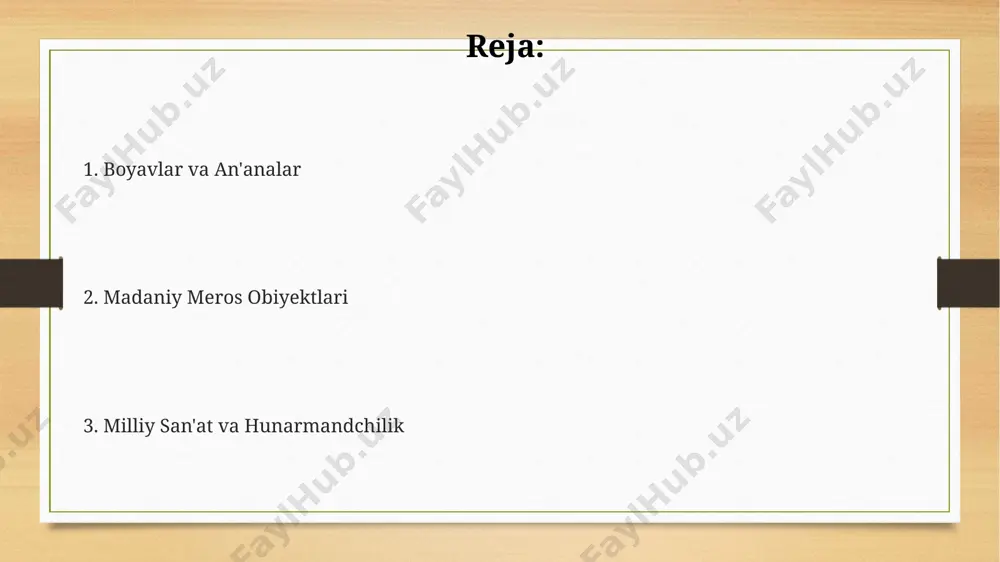 xazinasi hisoblanadi va 15-asr o'zbek adabiyotining cho'qqisi hisoblanadi. an'anaviy hunarmandchilik o‘zbekiston bo‘ylab 100 dan ortiq an'anaviy hunarmandchilik turlari mavjud bo‘lib, ularning 20 dan ortig‘i yuneskoning nomoddiy madaniy meros ro‘yxatiga kiritilgan. hunarmandchilik buyumlari, masalan, kulolchilik, zargarlik va yog‘och o‘ymakorligi, ko‘pincha oilaviy an'analar sifatida avloddan-avlodga o‘tib, 3-4 avlod davomida rivojlanib keladi. adras, shoyi va baxmal kabi matolarni tayyorlashda qo‘llaniladigan an'anaviy usullar 500 yildan ortiq tarixga ega bo‘lib, murakkab naqsh va ranglar bilan ajralib turadi. o'zbekistonning jahon madaniyatiga qo'shgan hissasi o'zbekistonning milliy musiqa merosi, shuningdek, mahoratli qo'shiqchilari va cholg'u ijrochilari, xalq musiqasi an'analarini saqlab qolish va rivojlantirish orqali jahon musiqa madaniyatiga o'ziga xos hissa qo'shmoqda. o'zbekiston jahon adabiyotiga alisher navoiyning 500 dan ortiq asarlari, jumladan, "xamsa" dostonlari orqali ulkan hissa qo'shgan. bu asarlar ko'plab tillarga tarjima qilingan va jahon adabiyoti xazinasi hisoblanadi. buxoro, samarqand kabi shaharlarning buyuk ipak yo'li tarixida tutgan o'rni, ularning me'morchiligi, savdo-sotiq va madaniy almashinuvi orqali jahon madaniyatiga beqiyos ta'sir …