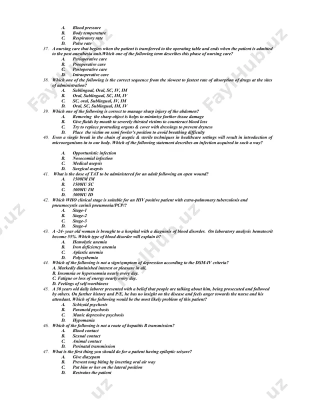 atient is experiencing congestive heart failure. what medication would you expect to administer to strengthen myocardial contractility? a. nitroprusside b. digoxin c. nitroglycerine d. furosemide 30. a 35- year-old patient is brought to a hospital with a diagnosis of pneumonia following a recent intrathoracic surgery. which of the following drug is most likely prescribed? a. gentamycin b. amoxacillin c. levofloxacin d. docycline 31. which one of the following is true about prevention of pressure ulcer in comatose patient? a. positioning disturb patients in coma b. changing the position of a bed-ridden patient every 8 hours c. rub the skin vigorously with alcohol d. minimize pressure on the bony prominence of a bed-ridden patient 32. a-40- year old patient is brought to a hospital with a diagnosis of nephrolithiasis and advised to increase fluid intake.what is the importance of increasing fluid intake in this patient? a. to concentrate the urine b. …