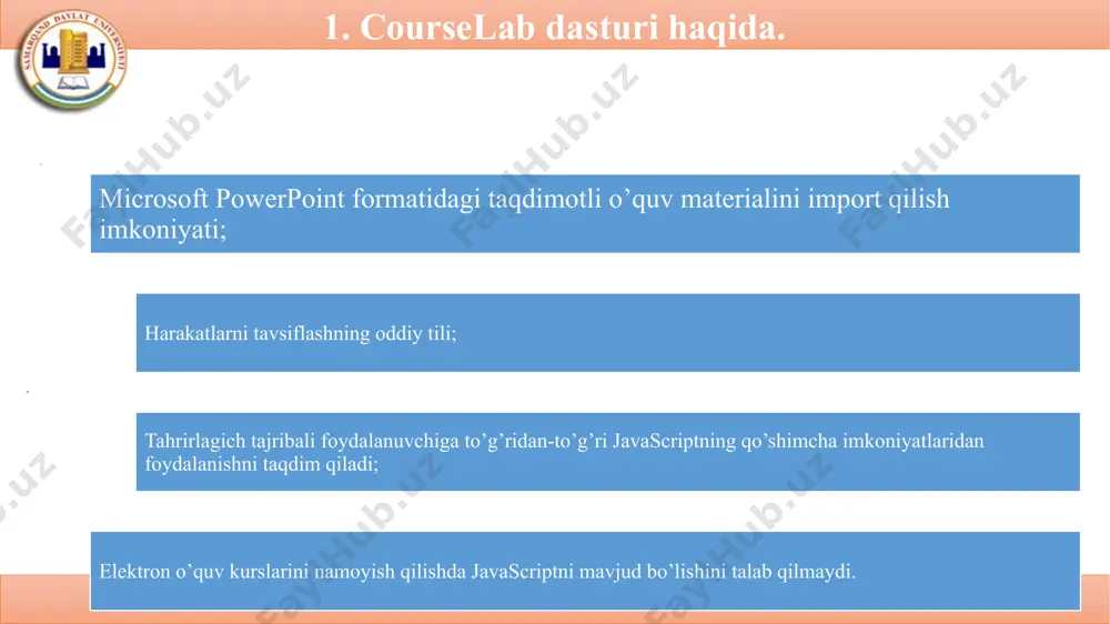 n-elementlar. slaydlarni bezatishda foydalanish uchun qo’shimcha elementlar (gradient, bosish maydoni, podlojka, tugma va boshq.) zastavka. – zapusk (ishlash) va - okno dlya zastavki (zastavka uchun oyna) tugmalari bu yerda taqdim etilgan. slaydda modul zastavkasi bilan ishlatiladi. mediaobyektlar. elektron kurslarning multimediali imkoniyatlarini sezilarli darajada kengaytiradi. courselab quyidagi fayllar tiplarini qo’yilishini qo’llab-quvvatlaydi: flash, shockwave, video, java, flash video, hamda tuto paketlari. navigatsiya (navigatsiya). ushbu obyektlar kursni boshqarish uchun va foydalanuvchilarning qo’l ostidagi uskunalari sifatida qo’llaniladi – bular yuklanish indikatorlari, slaydlarda harakatlanish tugmalari, izlash, teymer, kalkulyatorni chaqirish va h.k. 3. courselab dasturining interfeysi, imkoniyatlari va obyektlari tasnifi. personajlar (personaji). slaydlarni tiriltiradigan, animatiyalashgan personajlar: - gapiruvchi boshlar, - hayvonchalar, - agentlar, - arablar. ularni o’quv materialini egallab olishda yordam beruvchi assistent sifatida foydalanish mumkin. ro’yxatlar (spiski). oddiy matnli ro’yxatlar. matnli qutilar (tekstboksi). ramkaga ega matnli bloklar. testlar (testi). testdan o’tkazish uchun yana bir obyektlar kategoriyasi: testlar, bir slaydning o’zida boshdan oxirigacha o’tishi mukin, qti …