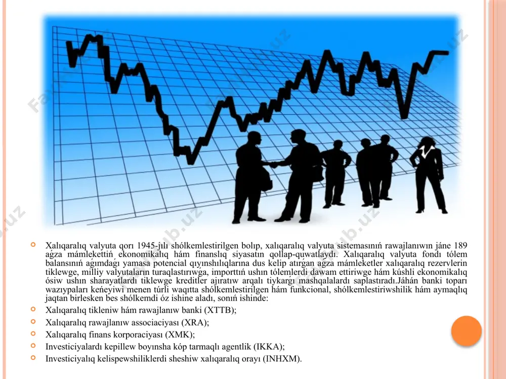 m másláhát xızmetlerin usınatuǵın eń iri bank bolıp esaplanadı. xalıqaralıq rawajlanıw associaciyası (xra) 1956-jılı tiykar salınǵan bolıp, dúnyadaǵı eń jarlı mámleketlerge procenciz kreditler hám grantlar usınadı. jióniń bahası xalıqtıń jan basına 835 aqsh dollarınan aspaǵan mámleketler ǵana xradan qarız alıw huqıqına ie. xra 30-40 jıl múddetke hám dáslepki on jıllıq jeńilletilgen dáwir (belgilengen múddettiń tiykarǵı qarzın tólemew jeńilligi) menen procenciz kreditler beredi.investiciyalardı kepillew boyınsha kóp tarmaqlı agentlik (ikka) óz jumısın 1988-jılı baslaǵan hám rawajlanıp atırǵan mámleketler tikkeley sırt el investiciyaların tartıw, siyasiy qáwiplerden qamsızlandırıw hám jeke menshik investorlarǵa kepillikler beriw, sonday-aq, másláhát hám málimleme xızmetlerin kórsetiw ushın shólkemlestirilgen. ikka kepilligi investorlardı qarjılar háreketin sheklewden, konfiskaciyadan, áskeriy hám puqaralıq tártipsizliklerden hám shártnama shártlerin buzıw qáwiplerinen qorǵaydı. investiciyalıq kelispewshiliklerdi sheshiw xalıqaralıq orayı (inhxm) 1966-jılı tiykar salınǵan bolıp, mámleketler hám jeke menshik investorlar arasındaǵı kelispewshiliklerdi sheshiw boyınsha xalıqaralıq arbitraj shólkemi (xalıqaralıq investiciyalıq arbitraj) esaplanadı.evropa tikleniw hám rawajlanıw banki (ettb) 1991-jıldan berli jumıs alıp …