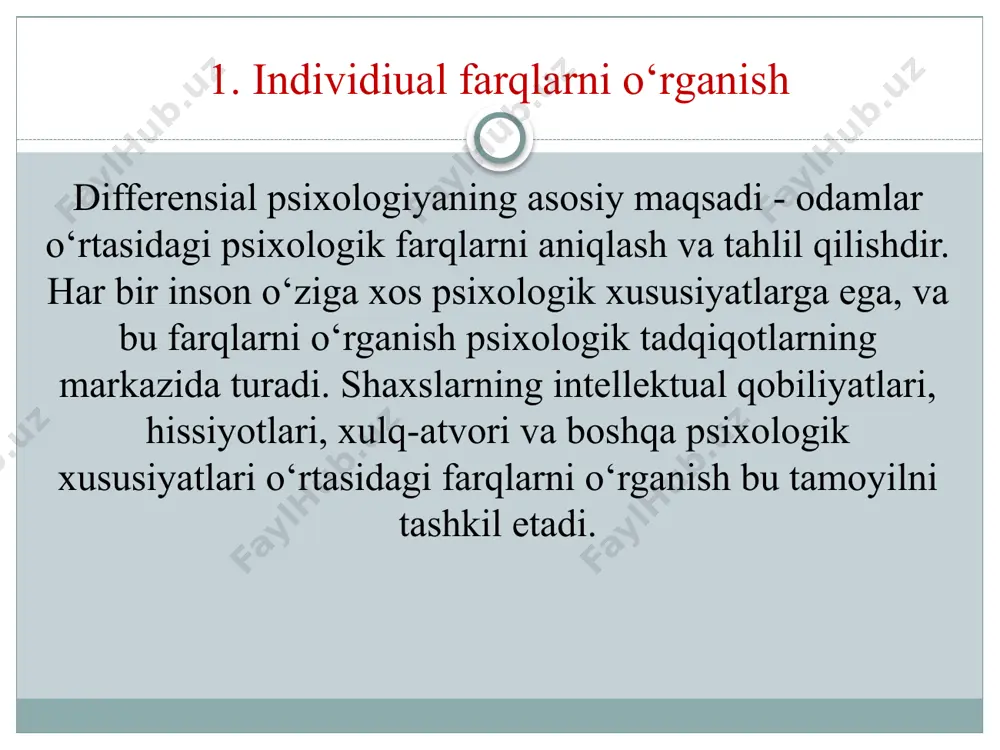 rga misol bo‘ladi. differensial psixologiya usullarining tasniflashining ahmiyati differensial psixologiya usullarining tasnifi ilmiy tadqiqotlar, psixologik testlarni ishlab chiqish, psixoterapiya va ta'lim sohalarida muhim ahamiyatga ega. usullarni tasniflash orqali tadqiqotchilar o‘zgacha psixologik xususiyatlarni aniqlashda to‘g‘ri metodlarni tanlashlari mumkin. bu esa psixologik sohada samarali va aniq natijalar olishga yordam beradi. differensial psixologiya usullarining tasnifi psixologik tadqiqotlarni o‘tkazishda muhim rol o‘ynaydi. har bir usul o‘ziga xos vazifalarni bajarishga xizmat qiladi va psixologik xususiyatlarning turli jihatlarini o‘rganish imkonini beradi. ularning to‘g‘ri qo‘llanishi esa ilmiy natijalarning ishonchliligini ta'minlaydi. xulosa. foydalanilgan adabiyotlat. "psixologiya asoslari" – g. b. gulevich shajirov, i. a. (2009). differensial psixologiya. toshkent: «o‘zbekistan» noshirligi. husniddinov, k. sh. (2016). psixologiya: teoriya va amaliyot. toshkent: «fan» noshirligi. eysenck, h. j., & eysenck, m. w. (2010). personality and individual differences: a natural science approach. psychology press. guilford, j. p. (1959). personality. mcgraw-hill. /docprops/thumbnail.jpeg