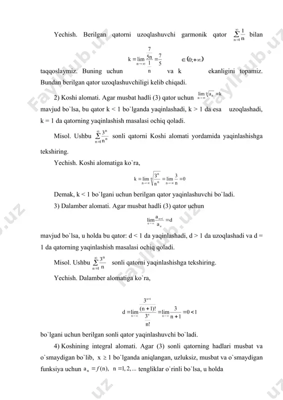 3) shunday r > 0 soni mavjudki, (2) qator da absolut yaqinlashuvchi va da esa uzoqlashuvchi bo`ladi. r qatorning yaqinlashish radiusi deyiladi. r = 0 barcha nuqtalarda uzoqlashuvchi va r = barcha nuqtalarda yaqinlashuvchi qatorning yaqinlashish radiusini ifodalaydi. r > 0 da (c - r, c + r) intervalni (2) qatorning yaqinlashish intervali deyiladi. shuning bilan birga intervalning chetki nuqtalarida darajali qator yaqinlashuvchi ham uzoqlashuvchi ham bo`lishi mumkin. misol. quyidagi darajali qatorning yaqinlashish sohasini toping. yechish. dalamber alomatiga ko`ra tekshiramiz: , d 0 da a0 + a1(x - c) + a2(x - c)2 + ... + an(x - c)n + ... = , bo`lsa, darajali qatorni yaqinlashish sohasining ichki nuqtalarida hadma-had differensiallash mumkin, ya`ni , x (c - r , c + r) 4 . agar ushbu a0 + a1(x - c) + a2(x - c)2 + ... + an(x - c)n + ... darajali qator oraliqning barcha nuqtalarida uzoqlashuvchi …