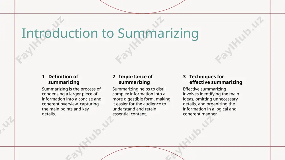 he ability to paraphrase and condense information, presenting it in a more concise and easily digestible form. omitting irrelevant information to create an effective summary, it's important to omit irrelevant details and focus only on the most pertinent information for the audience. summarizing vs. paraphrasing 1 2 3 understanding summarizing example of summarizing differentiating paraphrasing summarizing involves condensing a larger piece of text into a shorter version while retaining the main points and key details. for example, summarizing a long article into a few sentences to capture the main ideas and essential information. paraphrasing involves rephrasing a specific passage or sentence in your own words while maintaining the original meaning. the art of summarizing understanding the main idea summarizing involves identifying the central theme or message of a text, such as the key points in a research paper or the plot of a novel. condensing information the art of summarizing …