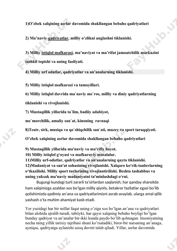 ning o’z yurtiga cheksiz sadoqati, ehtiromi bilan bog’liq milliy an’ana va qadriyatlari uning boy tarixi bilan izohlanadi. xuddi shuningdek, xalqimizning kattalarga hurmat, kichiklarga izzat ko’rsatish, mehmondo’stlik, yordamga muhtojlarga shafqatli bo’lish, hayo, ibo va mehr-oqibat, ahli ayolini — oilasini asrash, maishiy turmushda poklikni yuksak qadrlash singari an’ana va qadriyatlari ham hayotning uzoq sinovlaridan o’tgan o’lmas ma’naviy merosimiz sanaladi ma’naviy qadriyatlar, milliy o’zlikni anglashni tiklanishi. o'zbekiston mustaqillikka erishgandan keyingi dolzarb muam-molardan biri - yangi tarixiy sharoitda jamiyatga munosib kishilarni tarbiyalash edi. bu o'z navbatida bir necha o'n yillar mobaynida yetarli darajada xalqqa ma'lum qilinmagan, sinfiy-partiyaviy mafkura tomonidan taqiqlangan o'zbek xalqining ma'naviy merosini tiklash va uning yanada kamol topishi uchun keng im-koniyatlar ochish kerak edi. o’zbekiston birinchi prezidenti i. karimov o'zining «o`zbekistonning o'z istiqlol va taraqqiyot yo'li» kito-bida «oszbekistonning milliy-madaniy jihatdan g'oyat rang-barangligi, milliy o'zligini anglash va ma'naviy qayta tiklanish-ning kuchayib borishi bilan uzviy birlikda jamiyatni yangilash, uni ochiq jamiyatga aylantirish uchun qudratli …