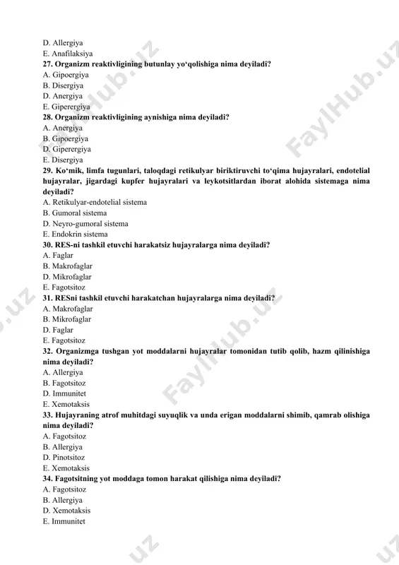 -naslga beriluvchi immunitet turiga nima deyiladi? a. tug‘ma immunitet b. orttirilgan immunitet d. aktiv immunitet e. passiv immunitet 42. organizmning hayoti davomida hosil bo‘ladigan immunitetga nima deyiladi? a. orttirilgan immunitet b. tug‘ma immunitet d. aktiv immunitet e. passiv immunitet 43. organizm ma’lum bir yuqumli kasallik bilan og‘rib o‘tganidan keyin unda paydo bo‘ladigan immunitetga nima deyiladi? a. tabiiy orttirilgan immunitet b. sun’iy orttirilgan immunitet d. aktiv immunitet e. passiv immunitet 44. organizmga vaksinalar va qon zardoblarini yuborish bilan emlash oqibatida hosil qilinadigan immunitetga nima deyiladi? a. sun’iy orttirilgan immunitet b. tabiiy orttirilgan immunitet d. aktiv immunitet e. passiv immunitet 45. tabiiy kasallanish yoki kasallikka qarshi vaksinalar bilan emlash oqibatida organizmda paydo bo‘ladigan immunitetga nima deyiladi? a. tug‘ma immunitet b. orttirilgan immunitet d. aktiv immunitet e. passiv immunitet 46. yangi tug‘ilgan hayvonga onasining og‘iz suti orqali immun tanachalarining o‘tishi hisobiga yoki immun antitelolari bor qon zardobini yuborish bilan hosil qilinadigan immunitetga nima …