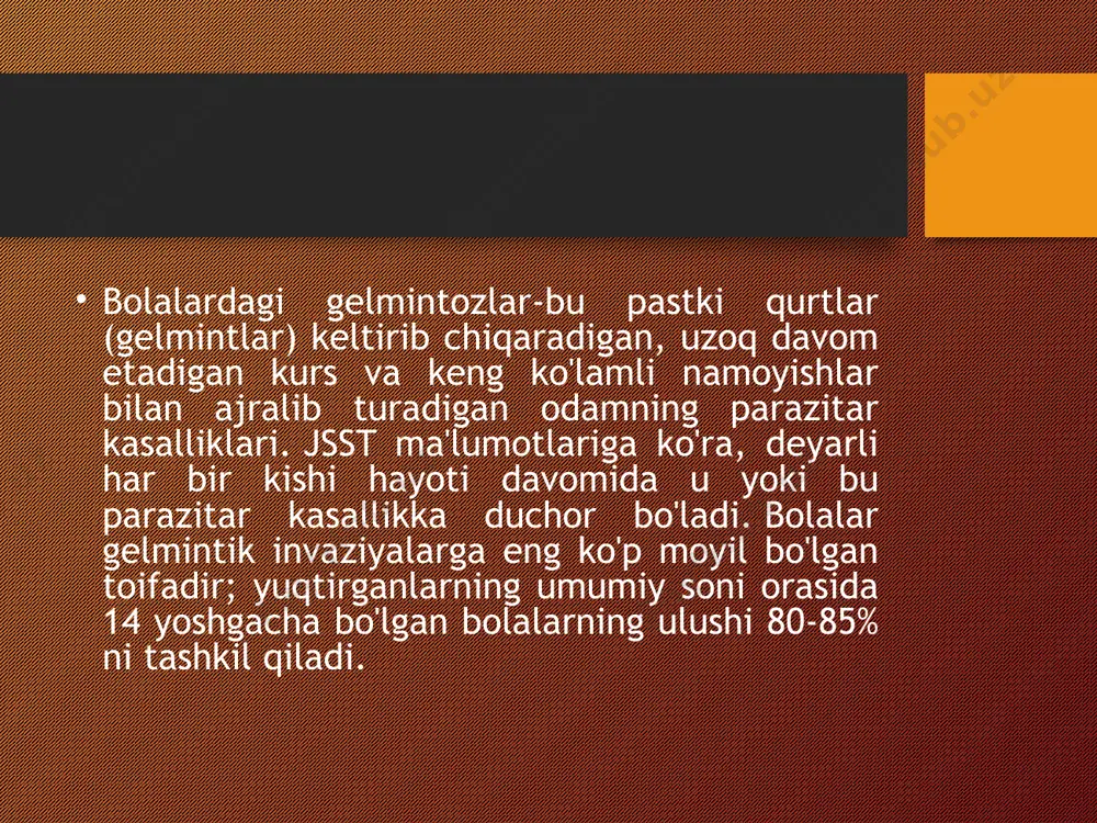 i meteorizm, beqaror najas (ich qotishi, diareya), ko'ngil aynish, belching va boshqalar bilan tavsiflanadi, qorin og'rig'i "uchuvchan" bo'lishi mumkin yoki o'jar, kuchli, o'tkir qorin klinikasiga taqlid qilishi mumkin. intoksikatsiya va astenonevrotik kasalliklar sindromi asossiz subfebril holat, zaiflik, uyqu buzilishi, bruksizm, asabiylashish, tutilishlarni o'z ichiga oladi. bolalardagi gelmintiyozlarning surunkali kechishi letargiya, akademik ko'rsatkichlar va ishlashning pasayishi, yomon ishtaha, vazn yo'qotish, anemiya va boshqalar bilan birga keladi. bir qator surunkali teri kasalliklari (atopik dermatit, toshbaqa kasalligi, ekzema, seboreya, akne, mo'rt tirnoqlar), nafas olish yo'llari patologiyasi (rinit, traxeit, astmatik bronxit) va jinsiy a'zolar (takroriy qizlardagi vulvitlar) ham bolalarda gelmintiozning natijasi bo'lishi mumkin. gelmintiaz bilan og'rigan bolalar tez-tez kasal bo'lib qolishadi; ular ko'pincha takroriy arvi, stomatit, gingivit, pustular teri kasalliklariga ega. askaridoz bilan katta invaziyaning natijasi ichak tutilishi, mexanik sariqlik, pankreatit bo'lishi mumkin. bolalarda enterobiozning asoratlari odatda pyoderma, perianal mintaqaning ekzemasi, vulvovaginit, siydik o'g'irlab ketish, appenditsitdir. inson tanasida migratsiya va gelmint lichinkalarining to'qima invaziyasi …