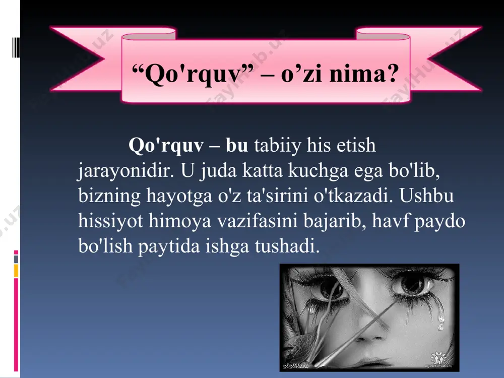 oddiy misol orqali biz bola ongida o'zgarishni paydo bo'lishiga sababchi bo'lamiz. birinchi holatda bolada yiqilishdan bo'lgan og'riqni unutish va bu narsa bola uchun jiddiy o'ylantiradigan narsa emasligini degan fikrni harakat va munosabatimiz bilan tushuntirgan bo'lamiz. ikkinchi holatda esa aksincha, bolada birinchidan ushbu holatga nisbatan negativ munosabat va yiqilish juda jiddiy narsa ekanligini bola ongida muhrlanib qolishiga sababchi bo'lib qolishimiz mumkin. fikrimizni aniqroq qilib aytadigan bo'lsak, bolada yaxshi narsalarni eslab qolishiga ko'makchi bo'lishimiz, yomon narsalarni esa eslab qolmasligi uchun uni chalg'itish va doim yaxshi gapirish kerakligini aytmoqchimiz. bolajonlarga qo'rquv hissidan yiroq bo'lishida biz nima bilan yordam bera olamiz? agarda qo'rquv qorong'ulik bilan bog'liq bo'lsa, u holda: - bolani 21.00 dan o'tkazmasdan uxlatishni tavsiya etamiz; - kunduzi harakatli faoliyat turlari bilan mashg'ul etish; - uyqudan oldin hech qanday faol o'yin turlari bilan mashg'ul bo'lishiga, sarguzashli va ko'p o'ylantiradigan mul'tfil'mlarni tomosha qilishga ruxsat bermaslik; -bolani uxlashiga bir o'zini yotqizmang, aksincha bola uxlab qolgunicha …