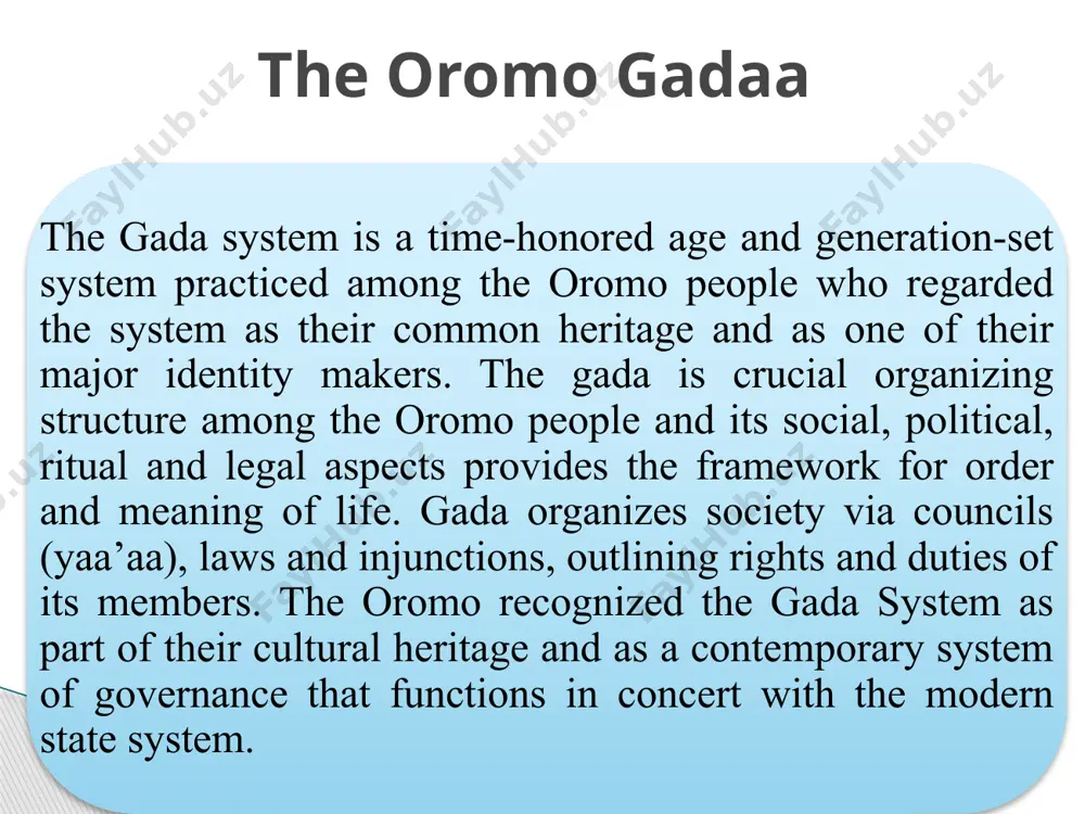 cal system. the gamo people were organized into several local administrations locally known as deres. according to anthropological findings, there were more than 40 deres across the gamo highlands. each dere had its own ka’o (king) and halaqa (elected leader). the indigenous system of governance embraces the dere woga (customary law) and the dubusha assemblies. the highest body of the indigenous governance is the dere dubusha, a general assembly that is responsible to make and revise customary laws, resolve major disputes that cannot be solved at the lower levels. dere woga of the gamo the dubushas assembly has three hierarchies: 1) the dere dubusha (at the top), sub-dere dubusha (at the middle), and guta/neighborhood dubusha (at the village level). minor cases and disputes are resolved by the dere cima, council of elders. like the oromo gada and the gedeo baalle, the indigenous governance of the gamo is embedded in the …