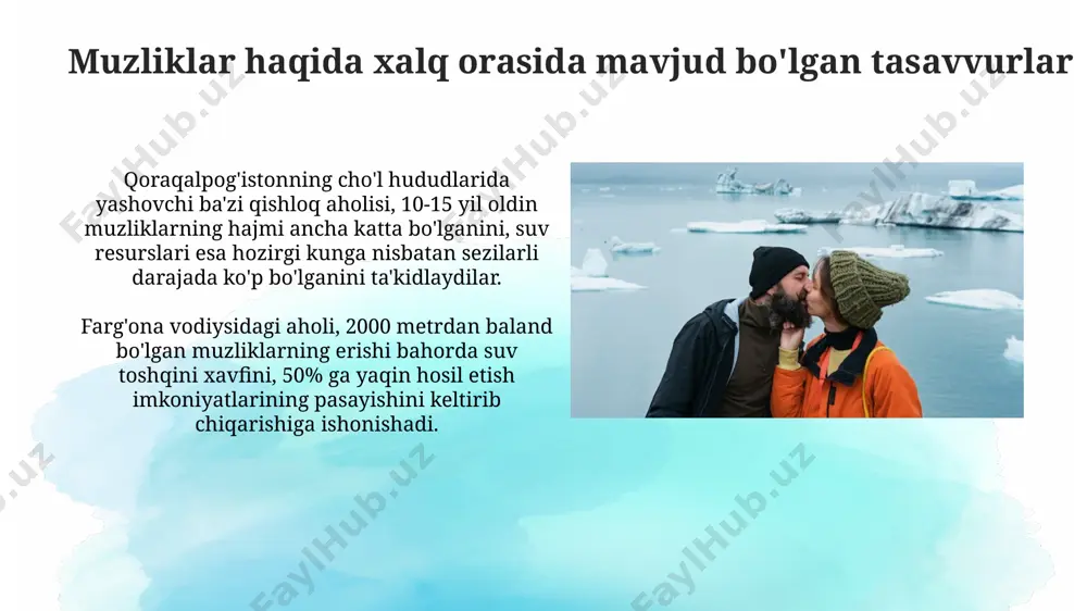 va janubi-sharqiy tog'li hududlarida, xususan, pomir-alay va tian-shan tog' tizmalarida, 3000 metrdan yuqori balandliklarda 1000 dan ortiq muzliklar joylashgan. global isish va muzliklarning erishi o'zbekistonning tog'li hududlarida joylashgan muzliklarning 80% dan ortig'i global isish tufayli 2100 yilga borib 30-50% ga kamayishi taxmin qilinmoqda. global isish natijasida olay tog'laridagi muzliklarning erishi tezlashmoqda, bu esa amudaryo va sirdaryo havzalari suv ta'minotiga sezilarli darajada ta'sir qilmoqda. muzliklarning turizm salohiyati muzliklarning goʻzal manzaralari va noyob tabiatining suratga olish imkoniyatlari, yillik 20% ga yaqin oʻsish sur'atiga ega fotosurat va videofilmlarni yaratish bozorini rivojlantirishga yordam beradi, shu bilan birga turli xil ekstremal sport turlarini rivojlantirishga ham turtki beradi. oʻzbekistonning togʻli hududlaridagi, xususan, fargʻona vodiysining atrofidagi muzliklar, yiliga 5000 dan ortiq togʻli turizm ixlosmandlarini jalb qilish potentsialiga ega, bu esa mahalliy iqtisodiyotga sezilarli hissa qoʻshishi mumkin. gidroienergetika va elektr energiyasi ishlab chiqarish namangan viloyatida joylashgan gidroinshootlarning 30% dan ortigʻi, oʻrtacha yillik suv oqimini taʼminlaydigan, alay togʻlarining muzliklari …