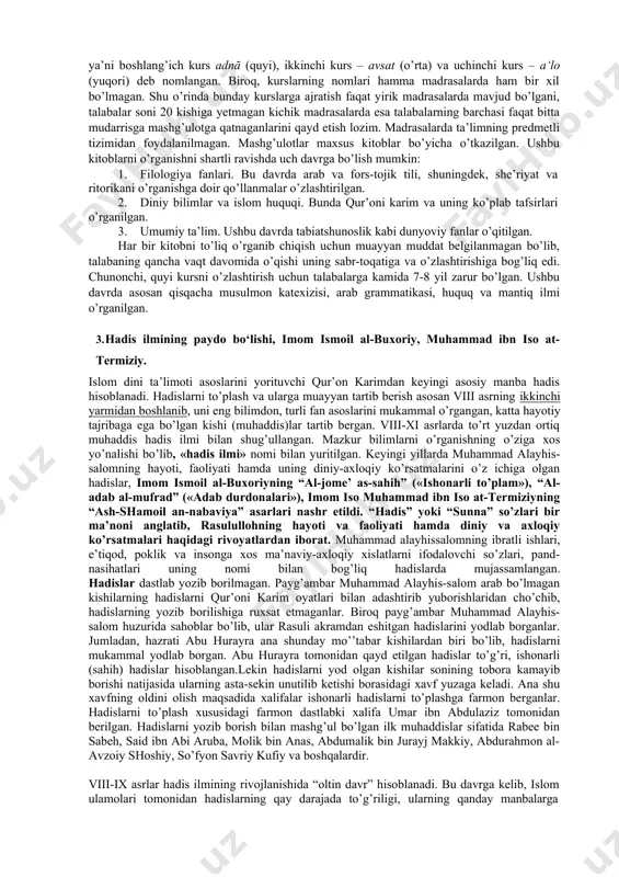 ibn hajjoj, imom nisoiy, imom ibn majj’ kazviniy, abu iso muhammad as- samarqandiy, imom at-termiziylardir. yuqorida nomlari zikr qilingan muhaddislarning hadis to’plashdagi xizmatlari juda katta. bu ulug’ alloma birgina "al jome’ as-sahih" ("ishonchli majmua") asari ustida o’n olti yil ish olib borgan. va olti yuz ming hadisni to’plab, 7275 tasini tanlab olgan. shuningdek, "al-jome’ as- sahih" asaridan odob-axloq mavzuiga bag’ishlangan hadislarni tanlab olib, alohida kitob holiga keltirgan. bu kitob al-adab al-mufrad ("adab durdonalari") deb nomlangan bo’lib, bu asar 1322 ta hadisni o’z ichiga olgan. at-termiziyning ijodiy faoliyatida yaratgan asarlari ichida, “al-jomi’ as-sahiyh” (“ishonchli to’plam”) eng asosiy o’rinni egallaydi. ushbu asar yuqorida qayd qilganimizdek “al-jomi’ al-kabiyr” (“katta to’plam”), “sahiyh at-termiziy”, “sunan at-termiziy”, (“termiziy sunnatlari”) kabi nomlar bilan ham yuritiladi. tarixchi ibn hojar al-asqaloniyning yozishicha at-termiziy ushbu asarini 270 hijriy (884 melodiy) yilda, ya’ni qariyb oltmish yoshlarida, ilm-fanda katta tajriba orttirib, imomlik darajasiga erishgandan keyin yozib tugatgan. abu iso at-termiziy yozib qoldirgan …